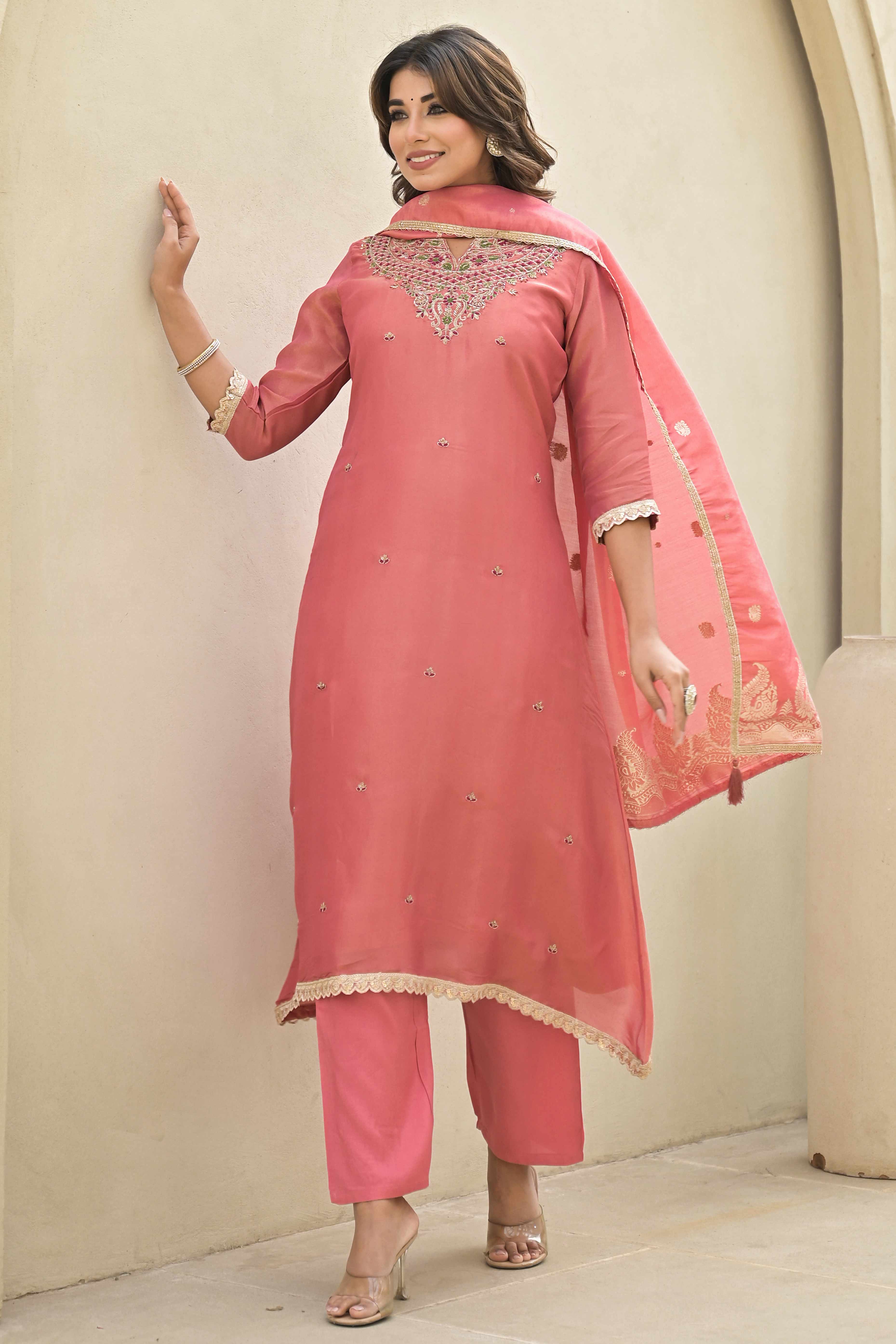 Peach Stone Work Embroidered Kanjivaram Silk Anarkali Salwar Suit