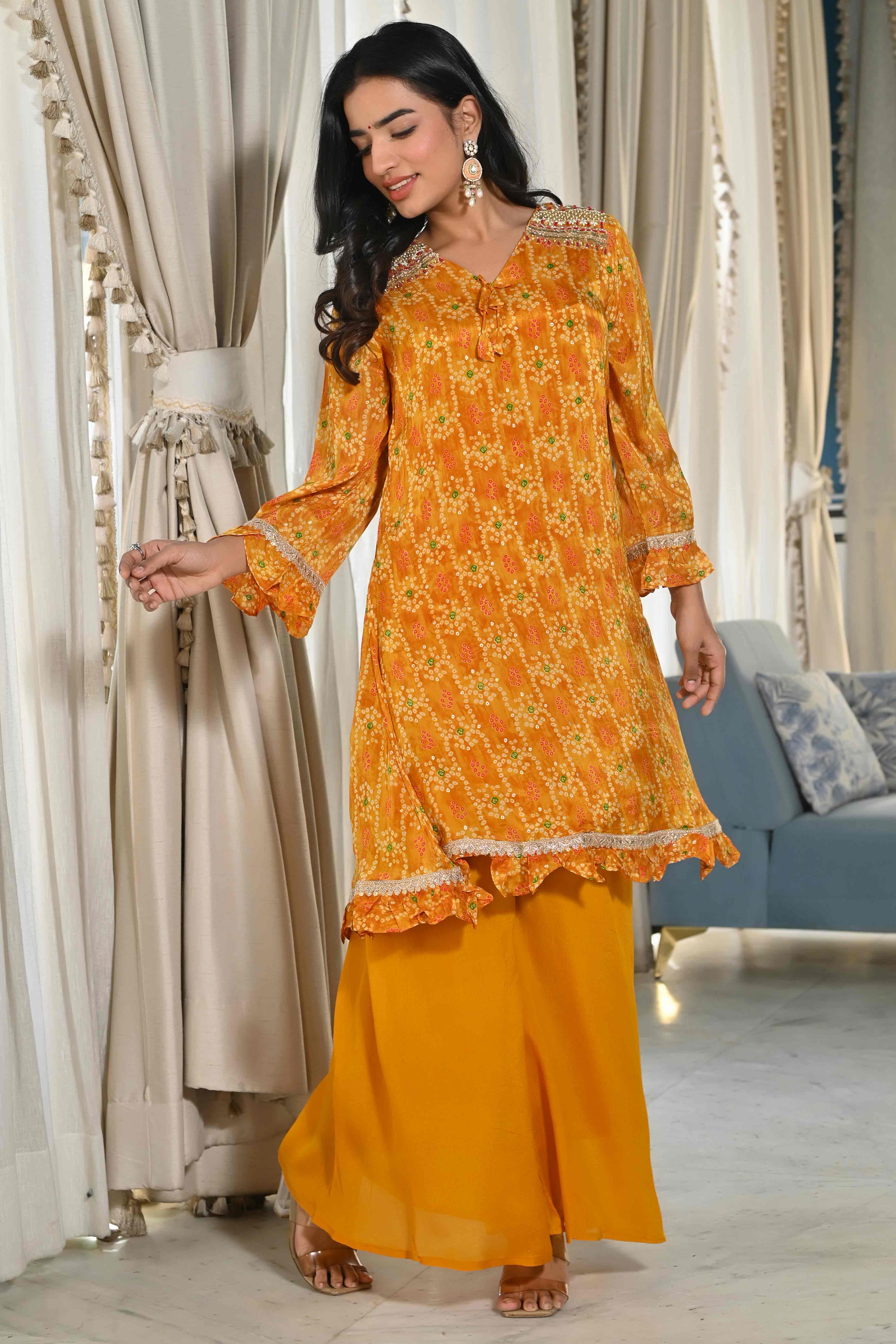 Mustard Bandhani Printed Chinon Co-Ord Set