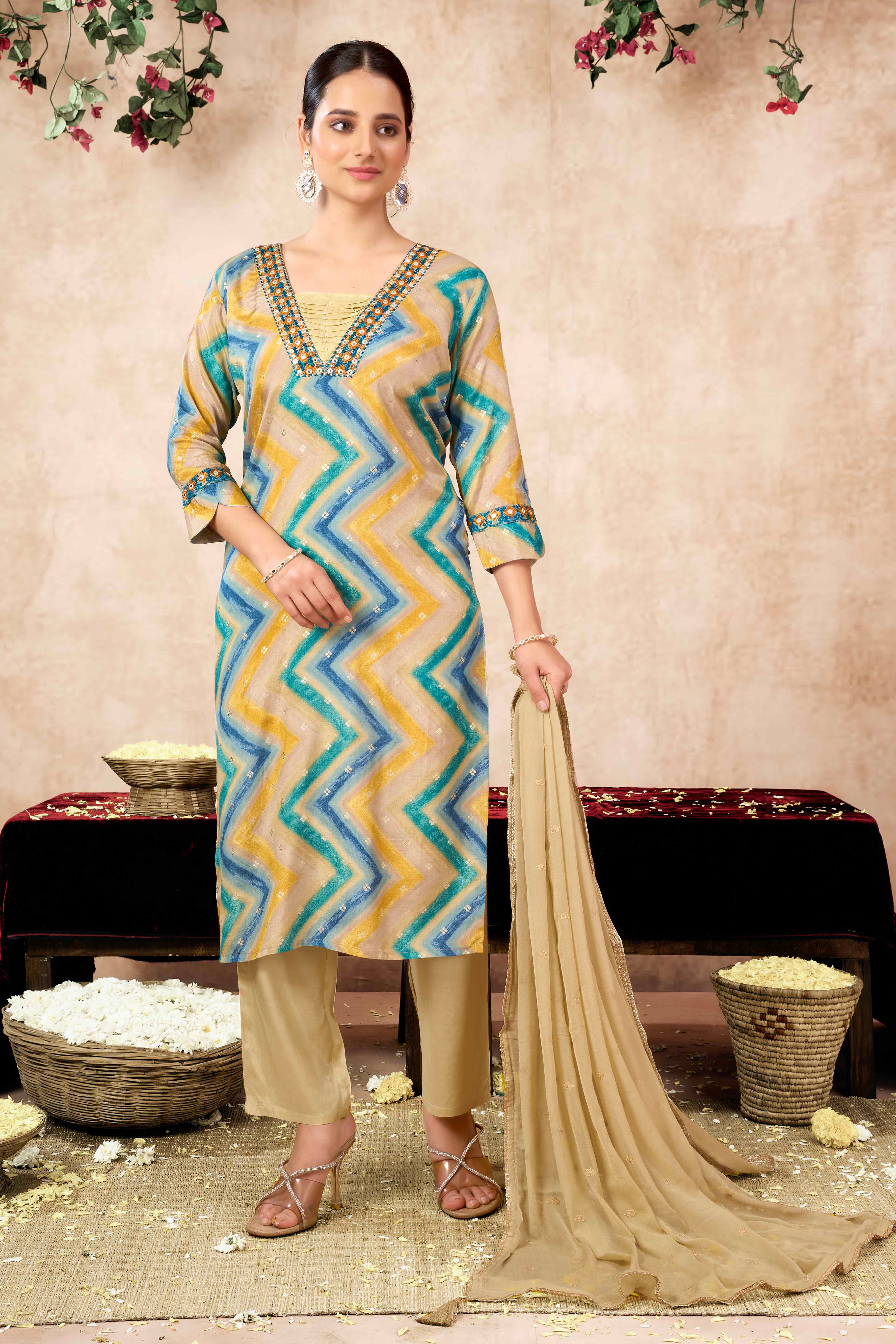 Morpich Embroidery With Printed Muslin Straight Salwar Suit