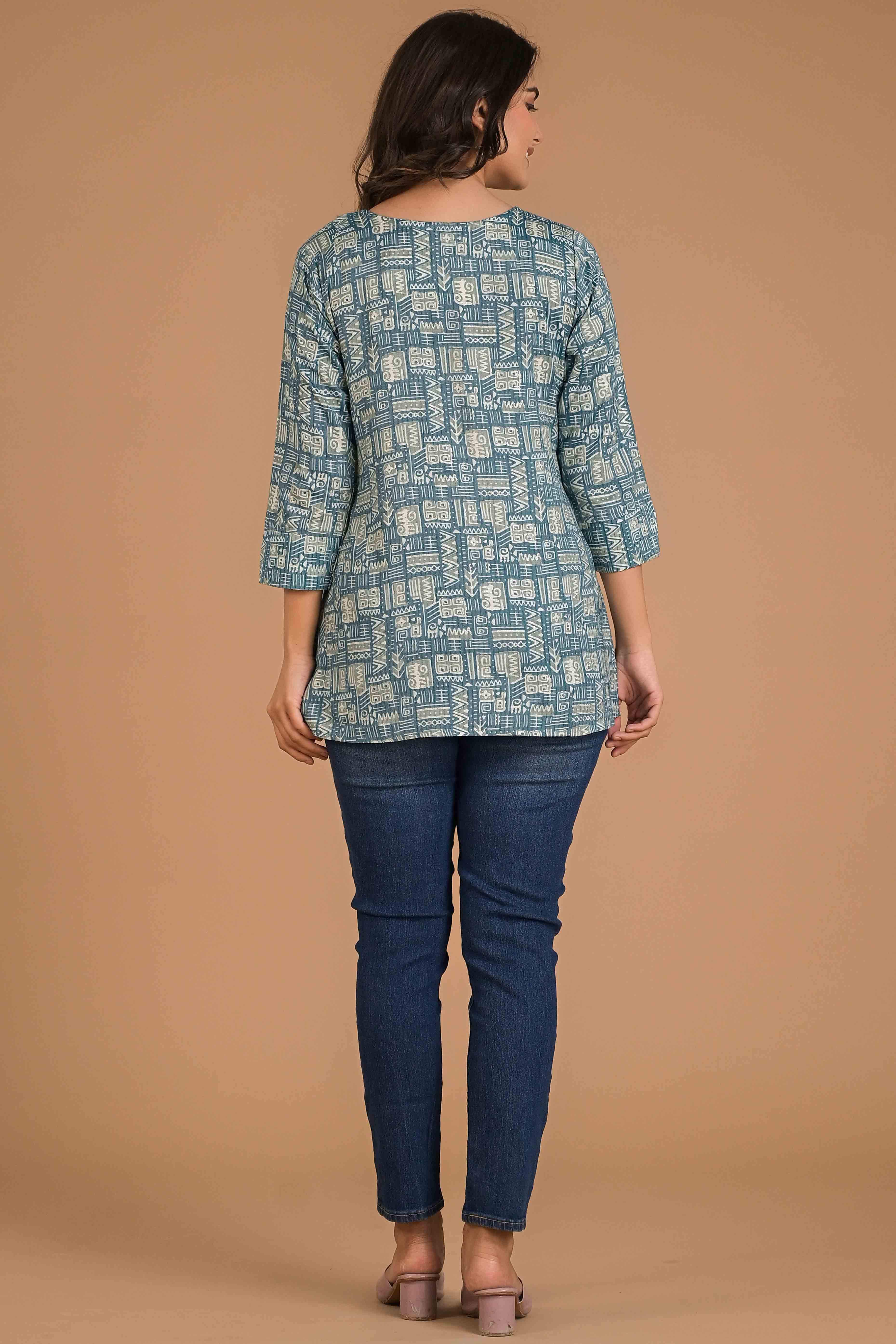 Blue Printed Pure Cotton Straight Top