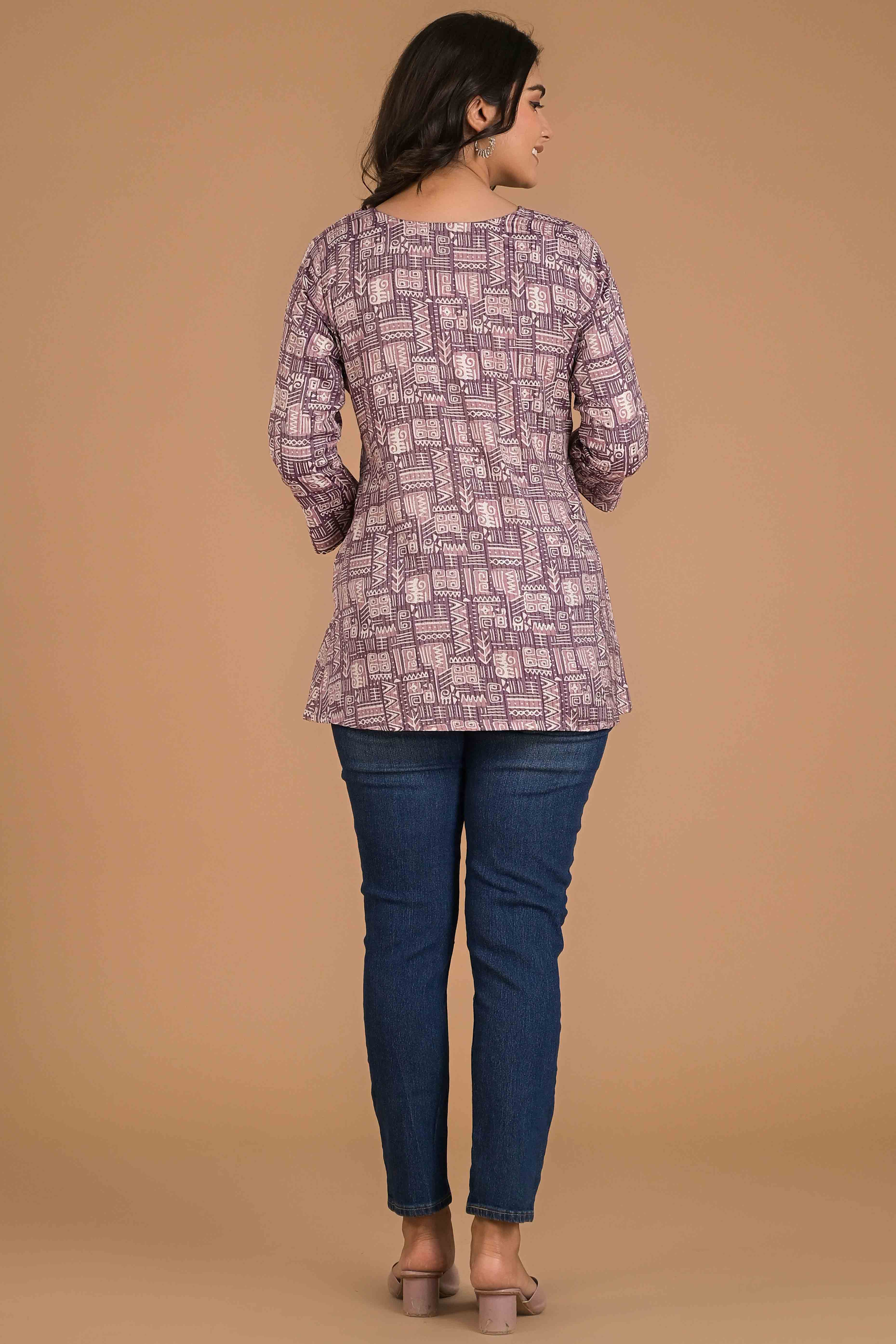 Pine Purple Printed Pure Cotton Straight Top