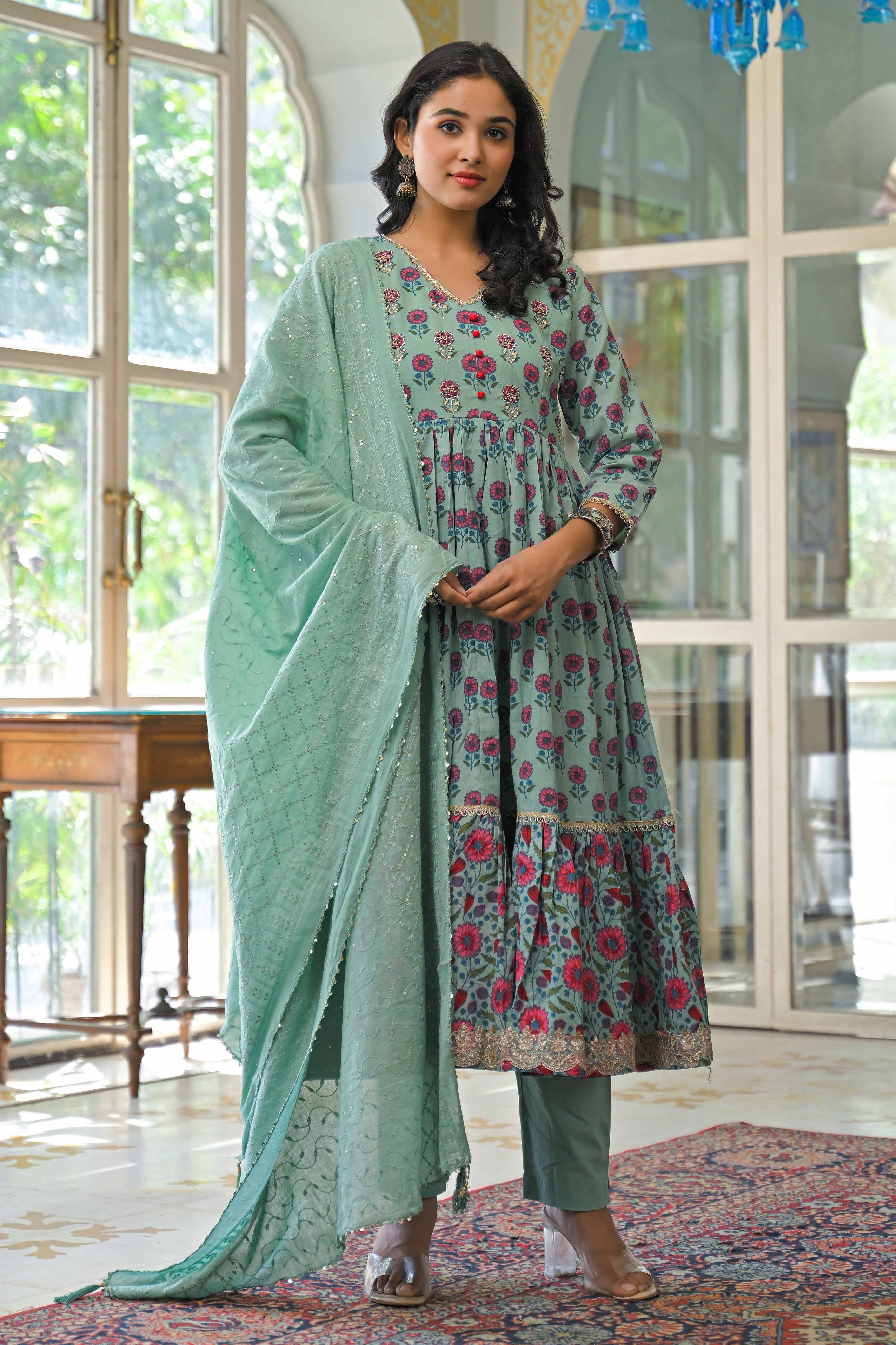 Mint Green Zardosi Work Floral Printed Pure Cotton Anarkali Salwar Suit