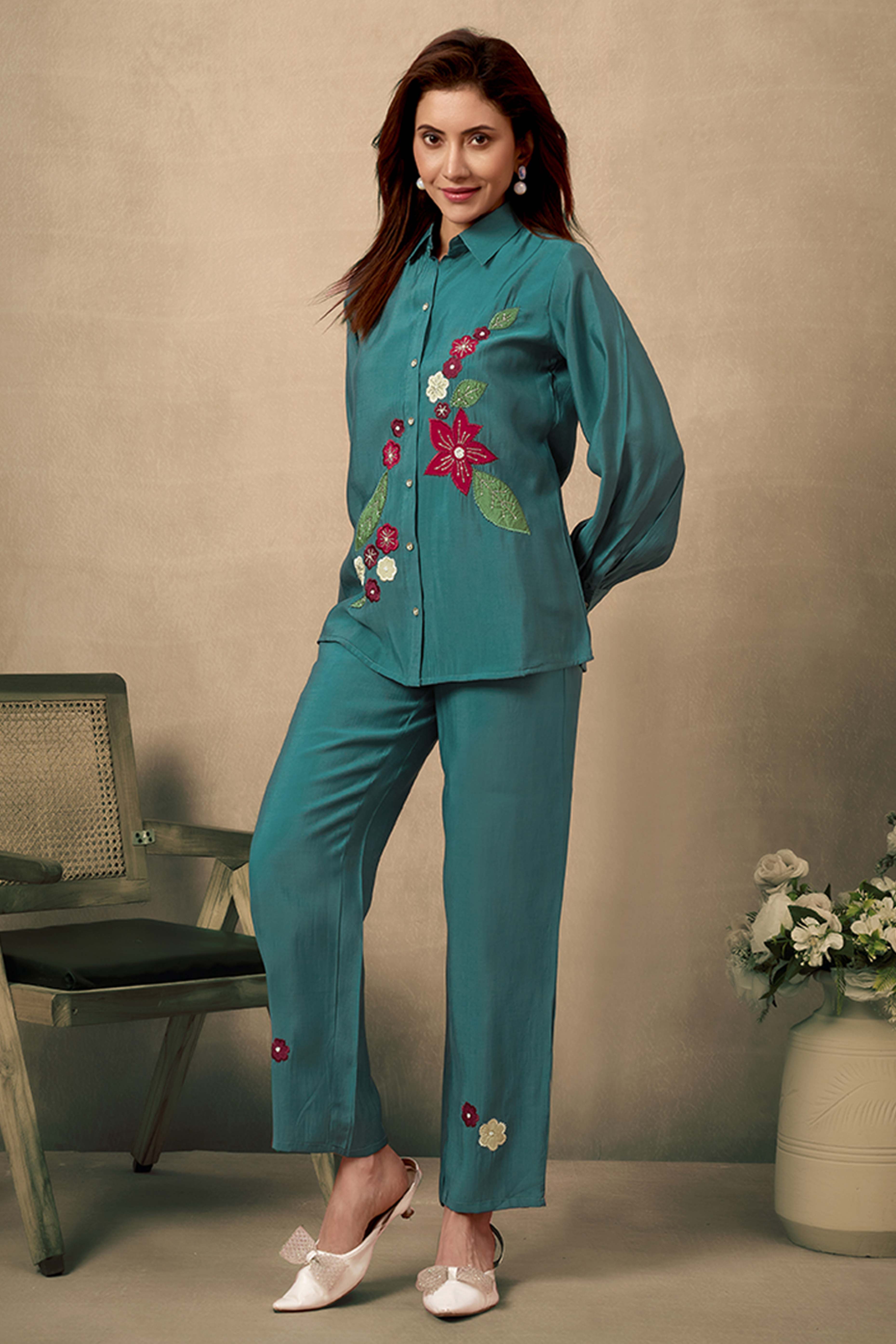 Dark Teal Elegance Chanderi Silk Floral Patchwork Co-Ord Set