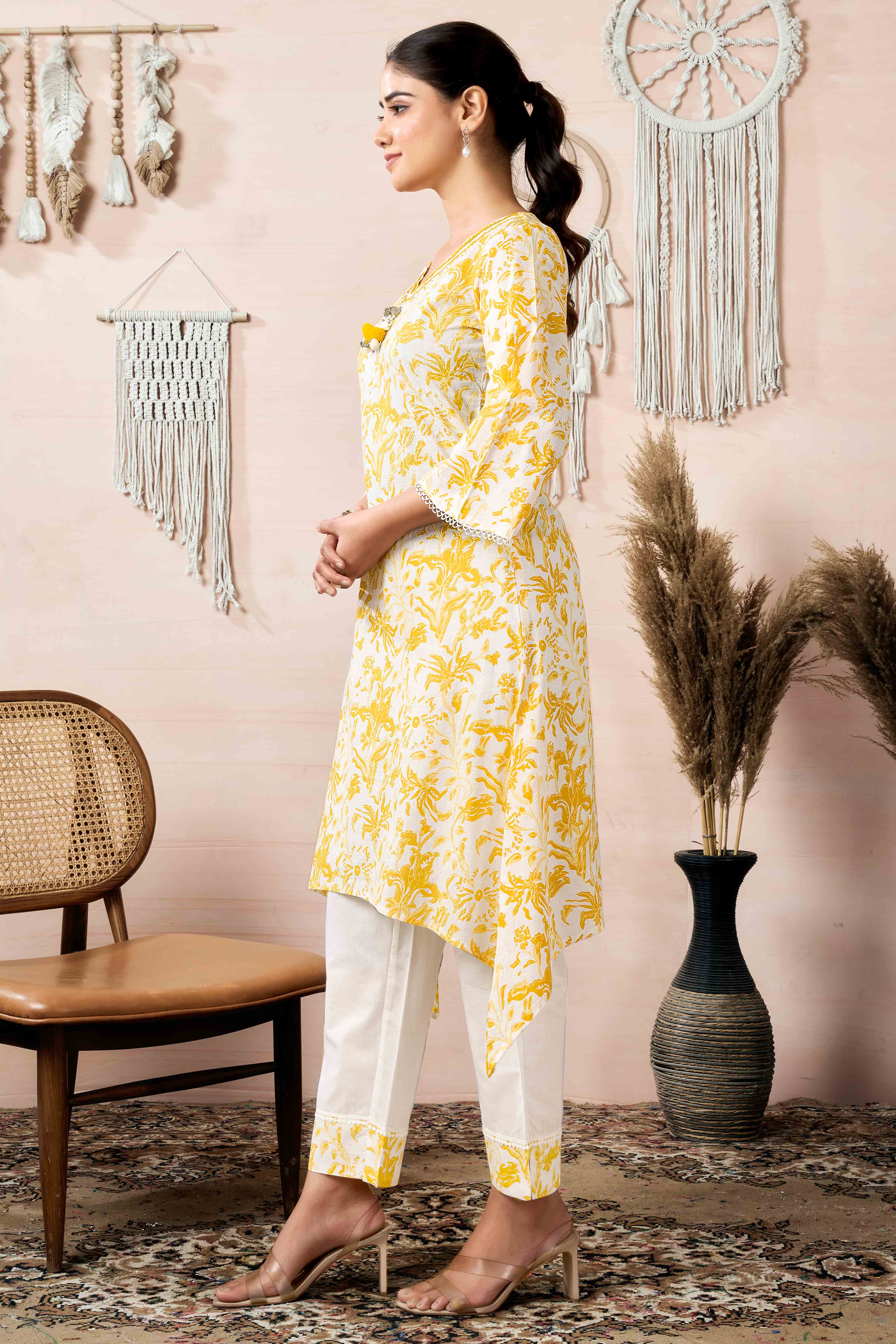 White & Mustard Floral Printed Pure Cotton A-Line Top Bottom Set