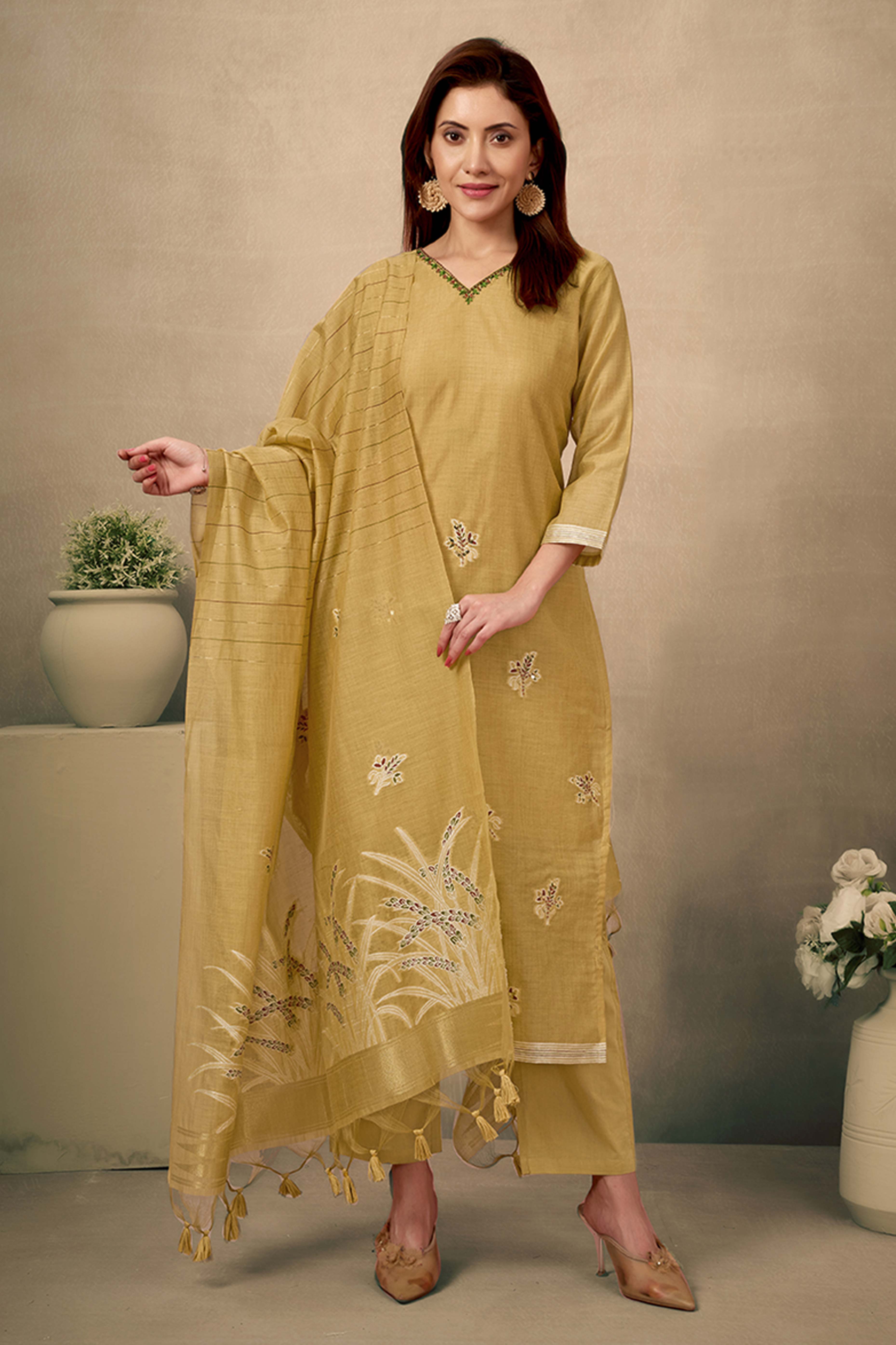Mustard Chanderi Cotton Jamdani Salwar Suit with Floral Embroidery