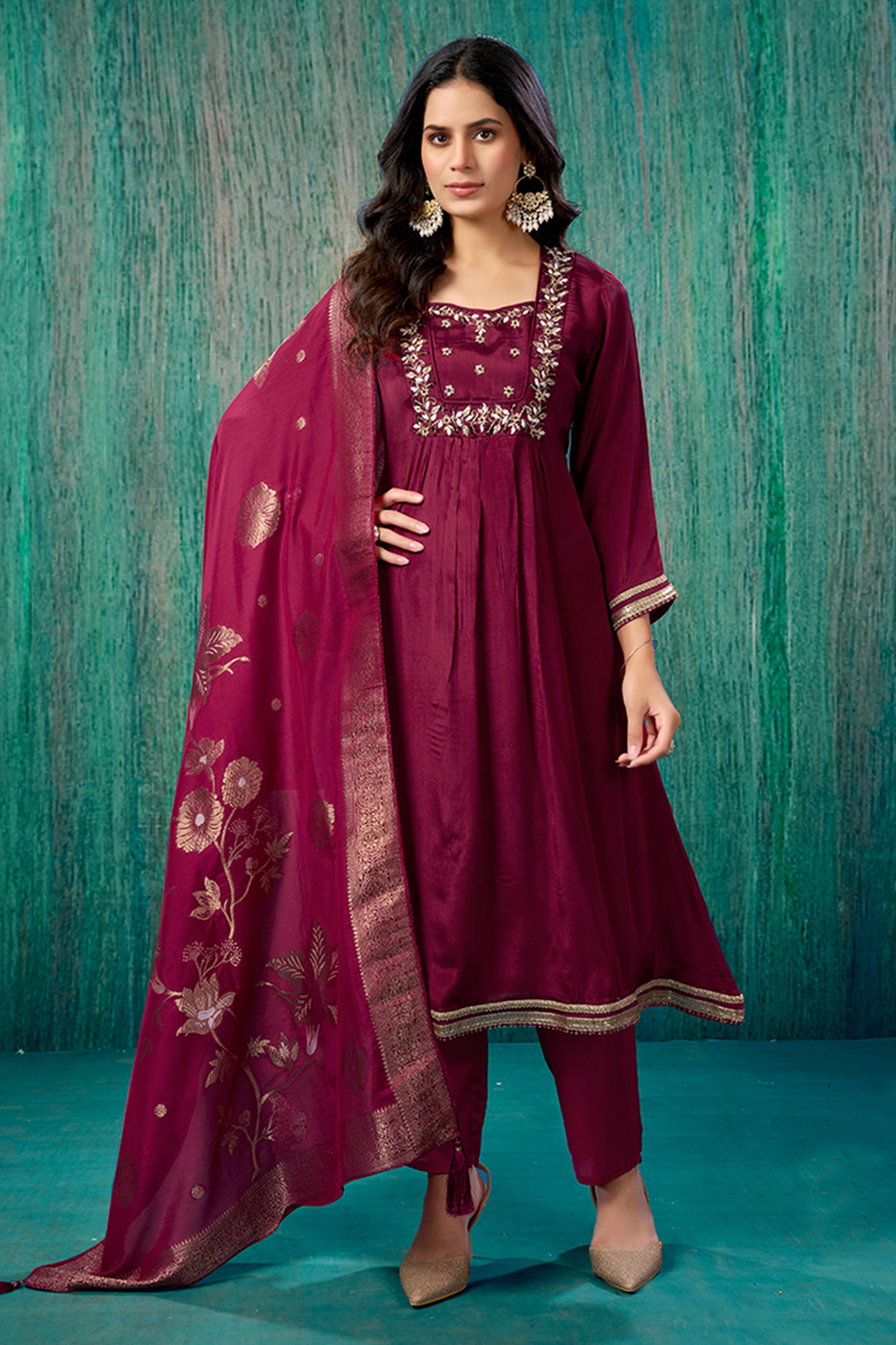 Maroon Floral Zardosi Embroidered Chinon Anarkali Salwar Suit