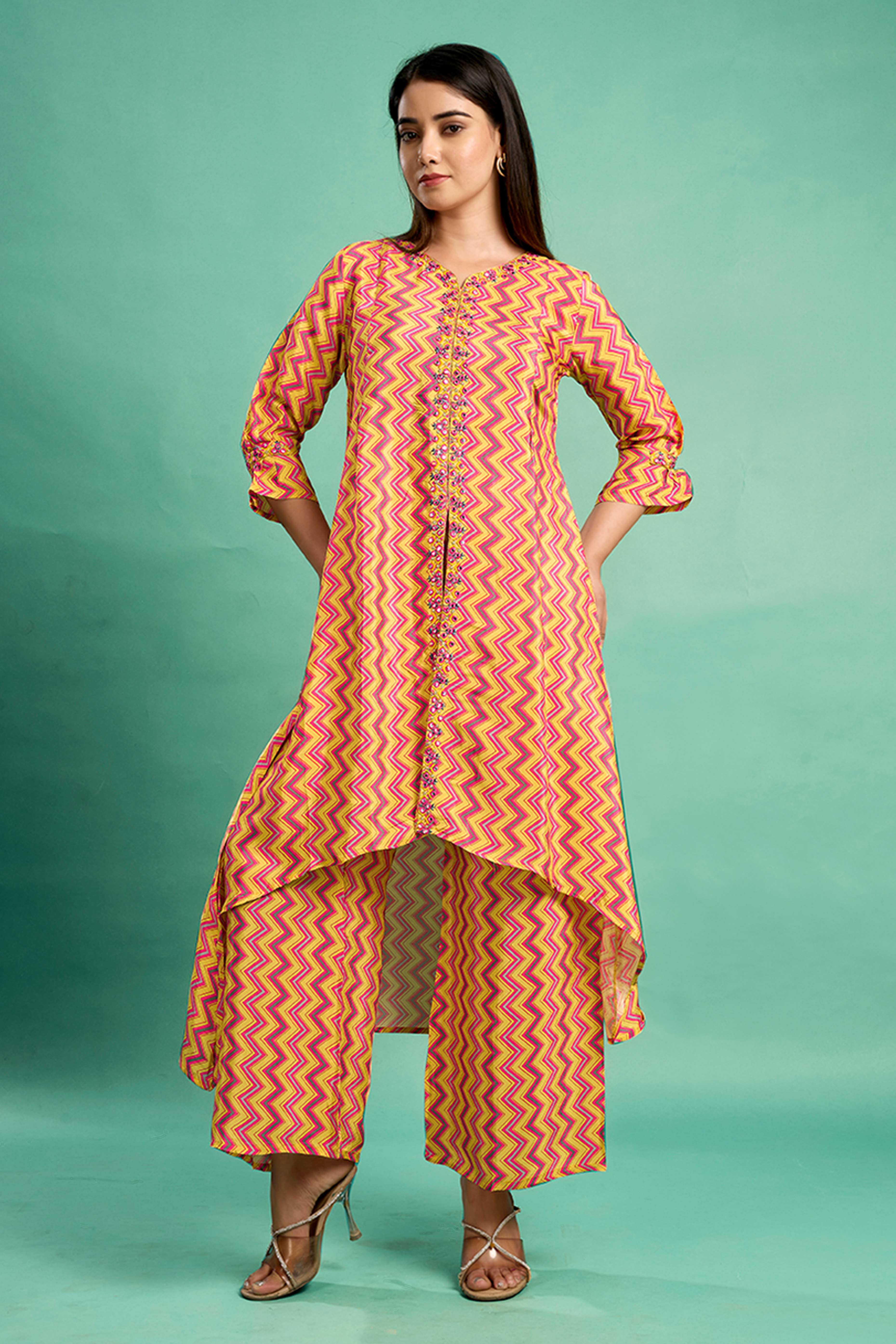 Yellow Zig Zag Printed Muslin Front Slit Co-Ord Set