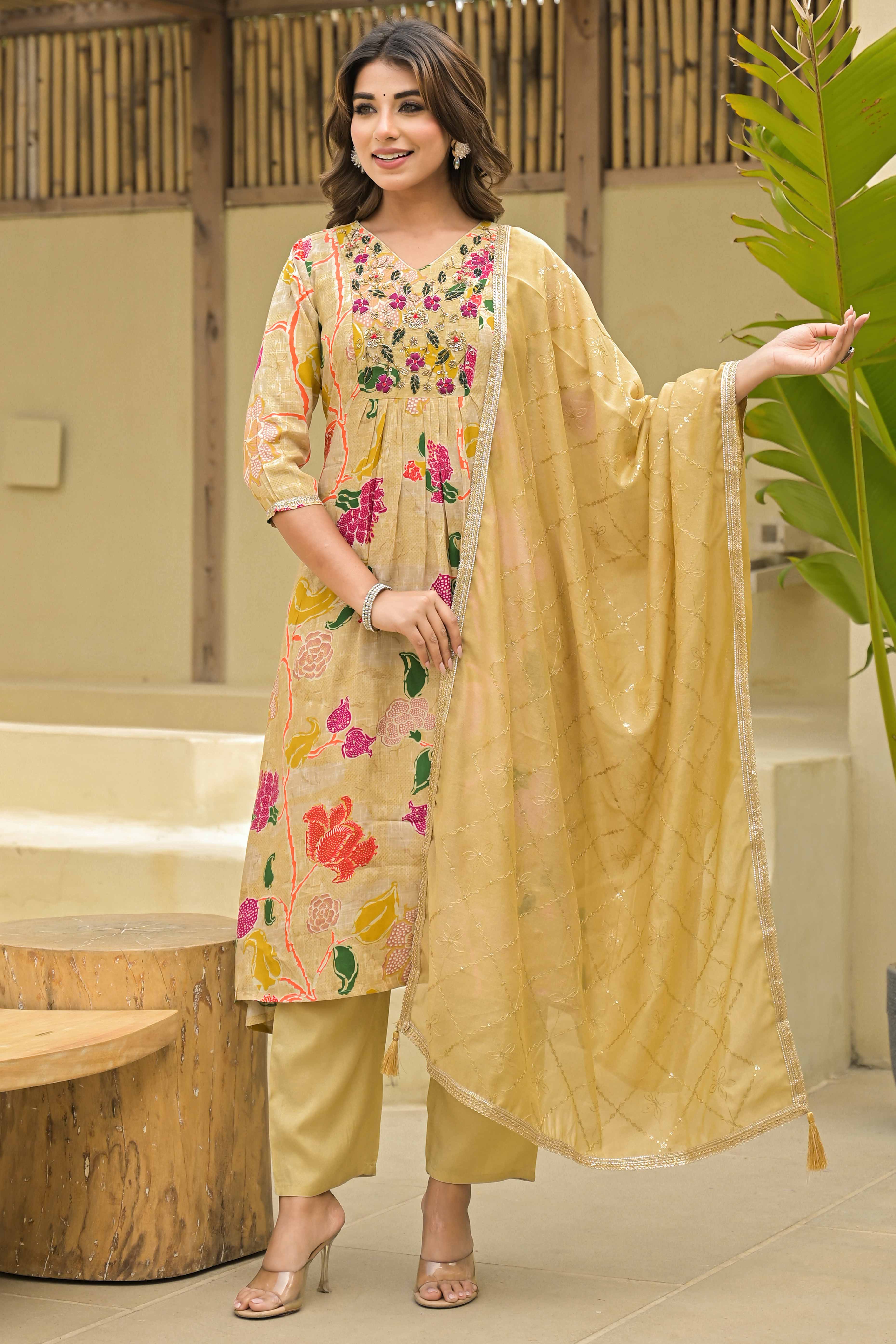 Chikoo Floral Printed Muslin Anarkali Style Salwar Suit With Hand Work