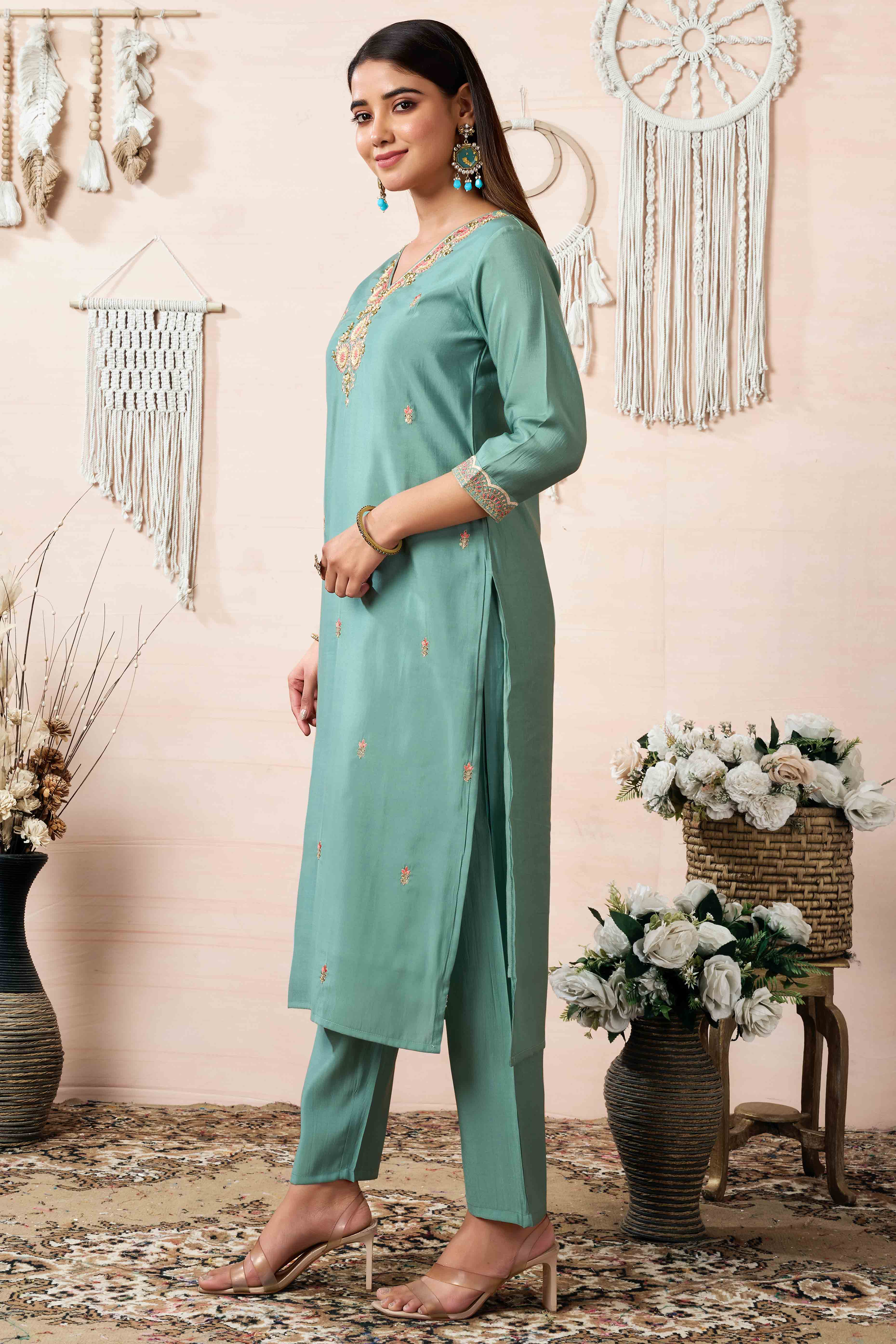Sea Green Beads Embroidered Chanderi Silk Straight Salwar Suit