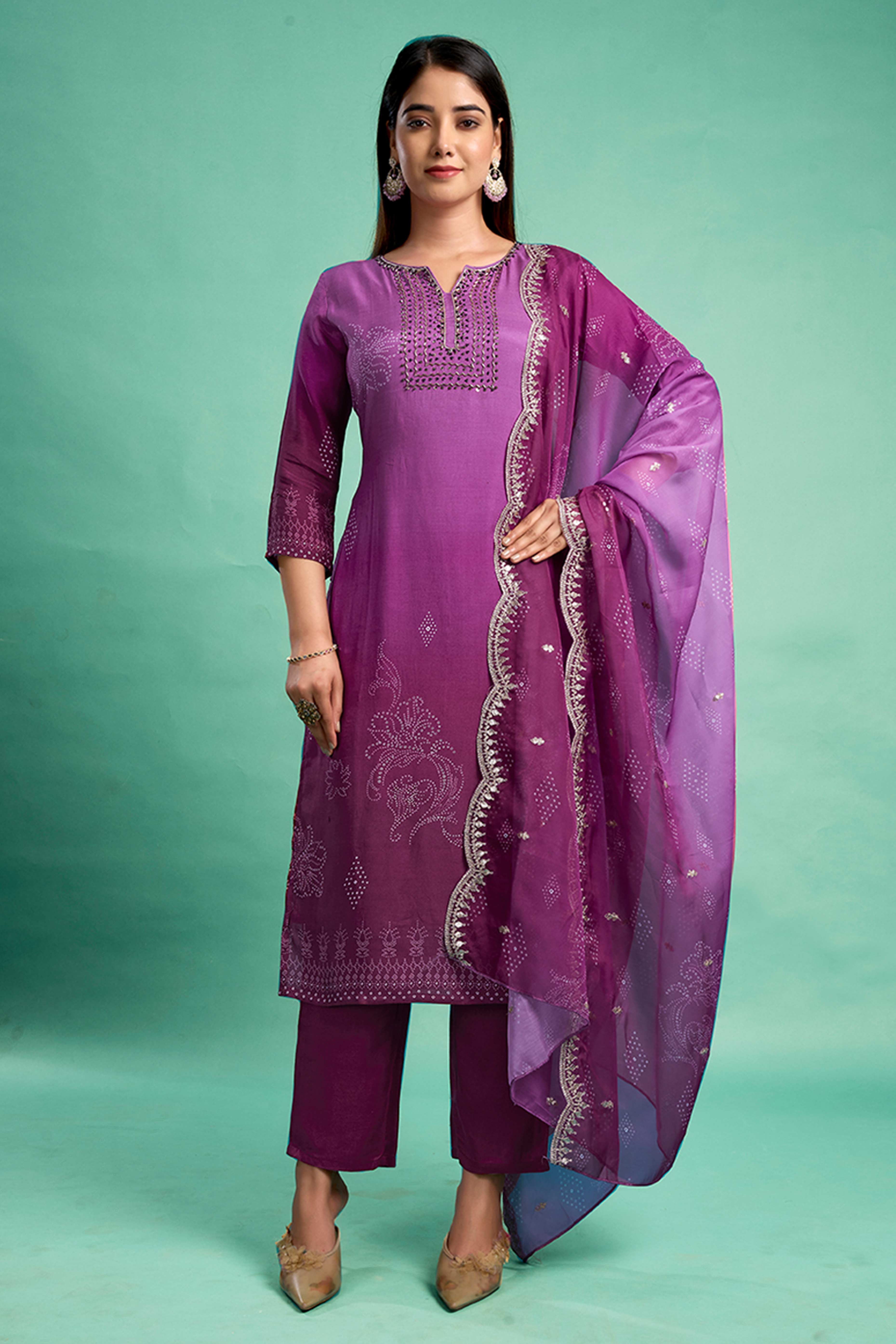 Purple Sequins Embroidered Muslin Straight Salwar Suit