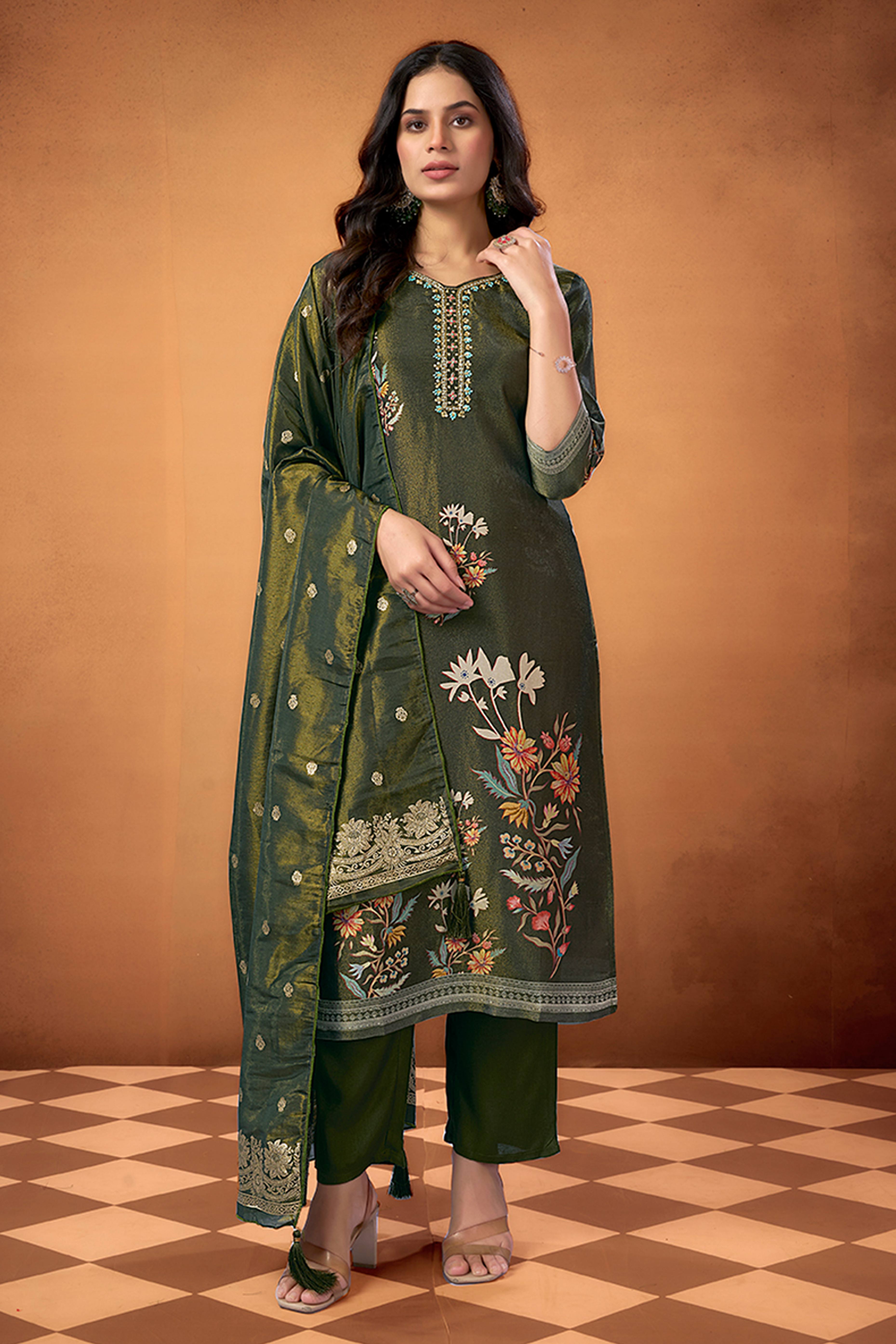 Dark Olive Floral Weaving Shimmer Straight Salwar Suit