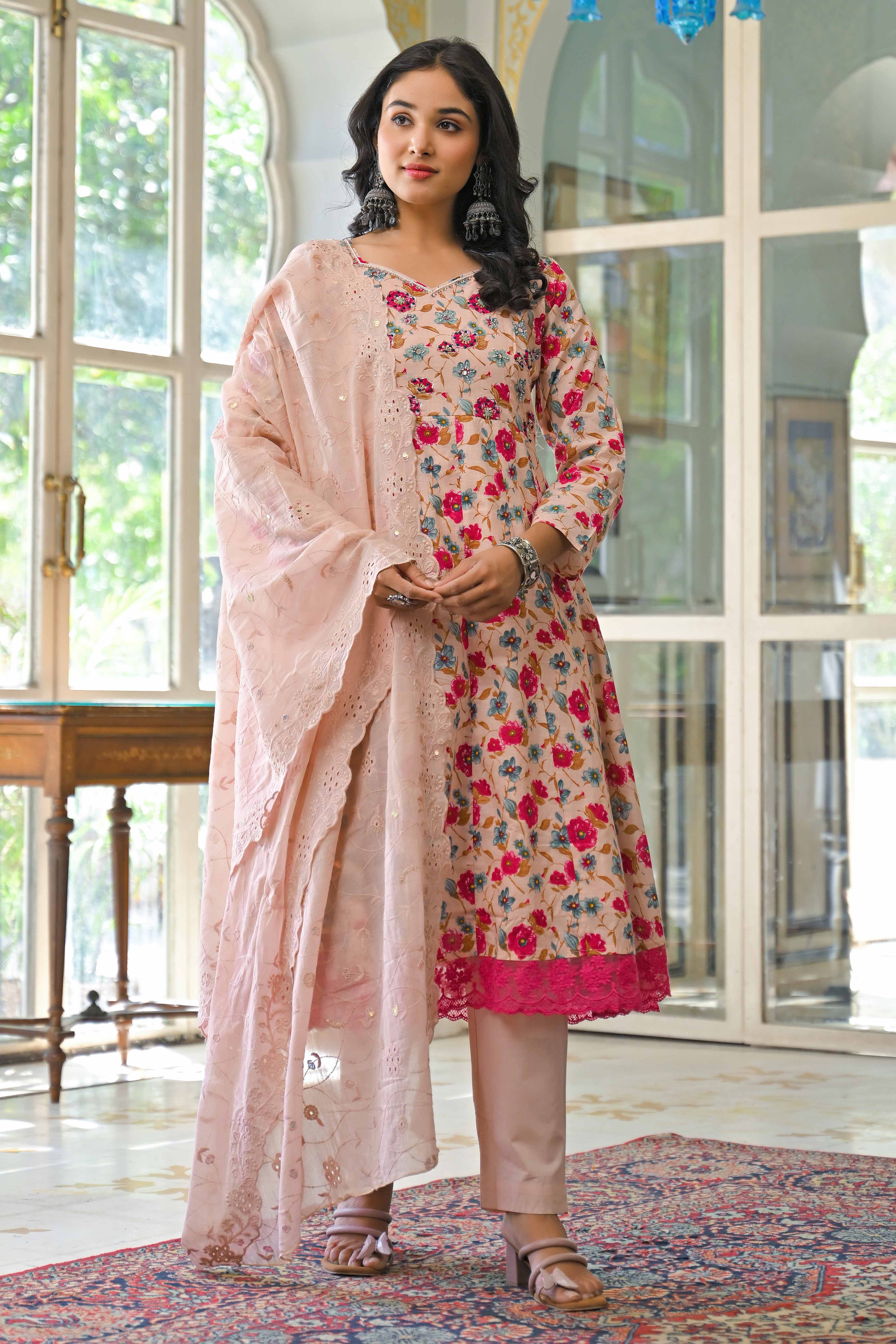 Light Pink Floral Printed Beads Work Pure Cotton Anarkali Salwar Suit