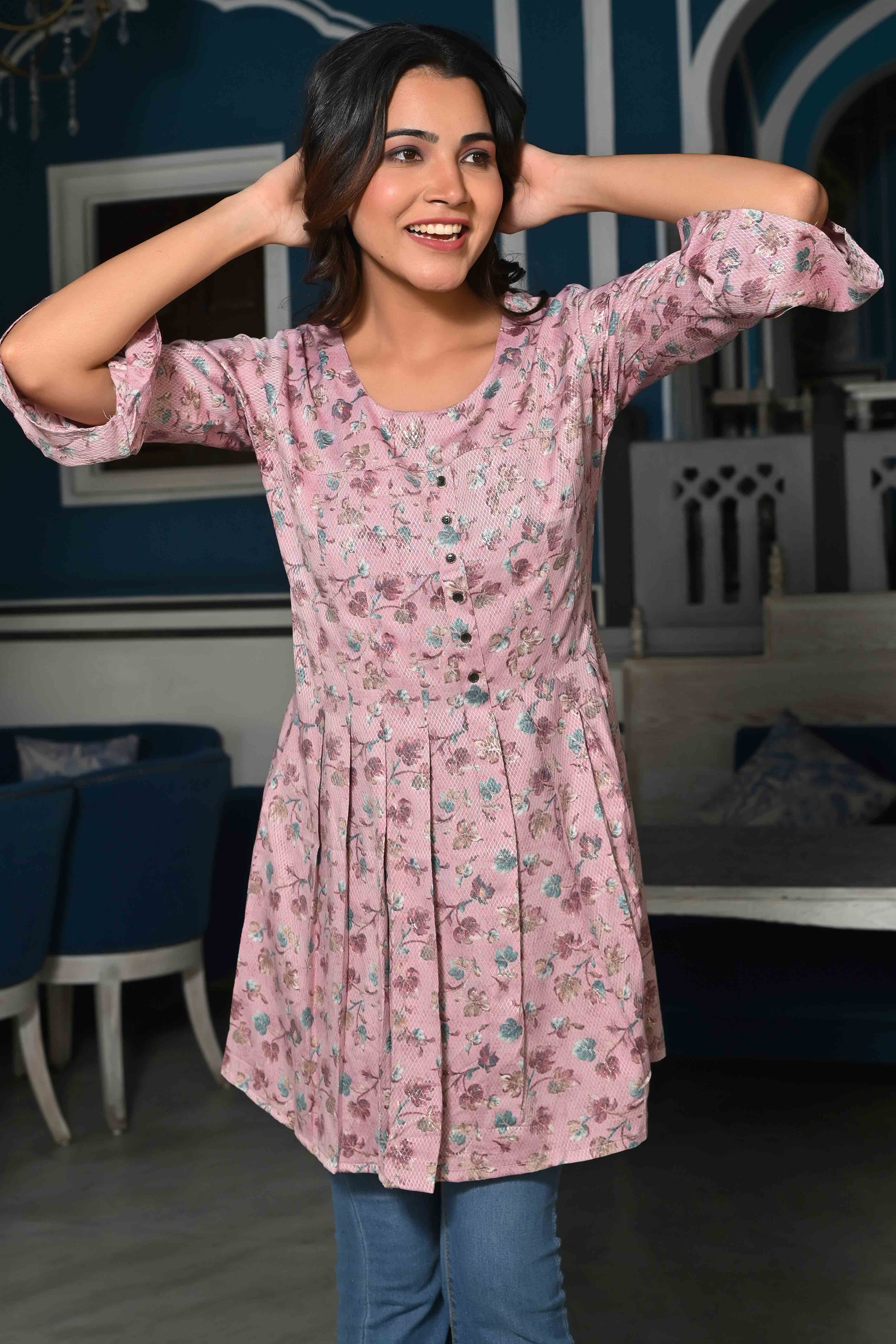 Light Purple Floral Foil Printed Rayon A-Line Top