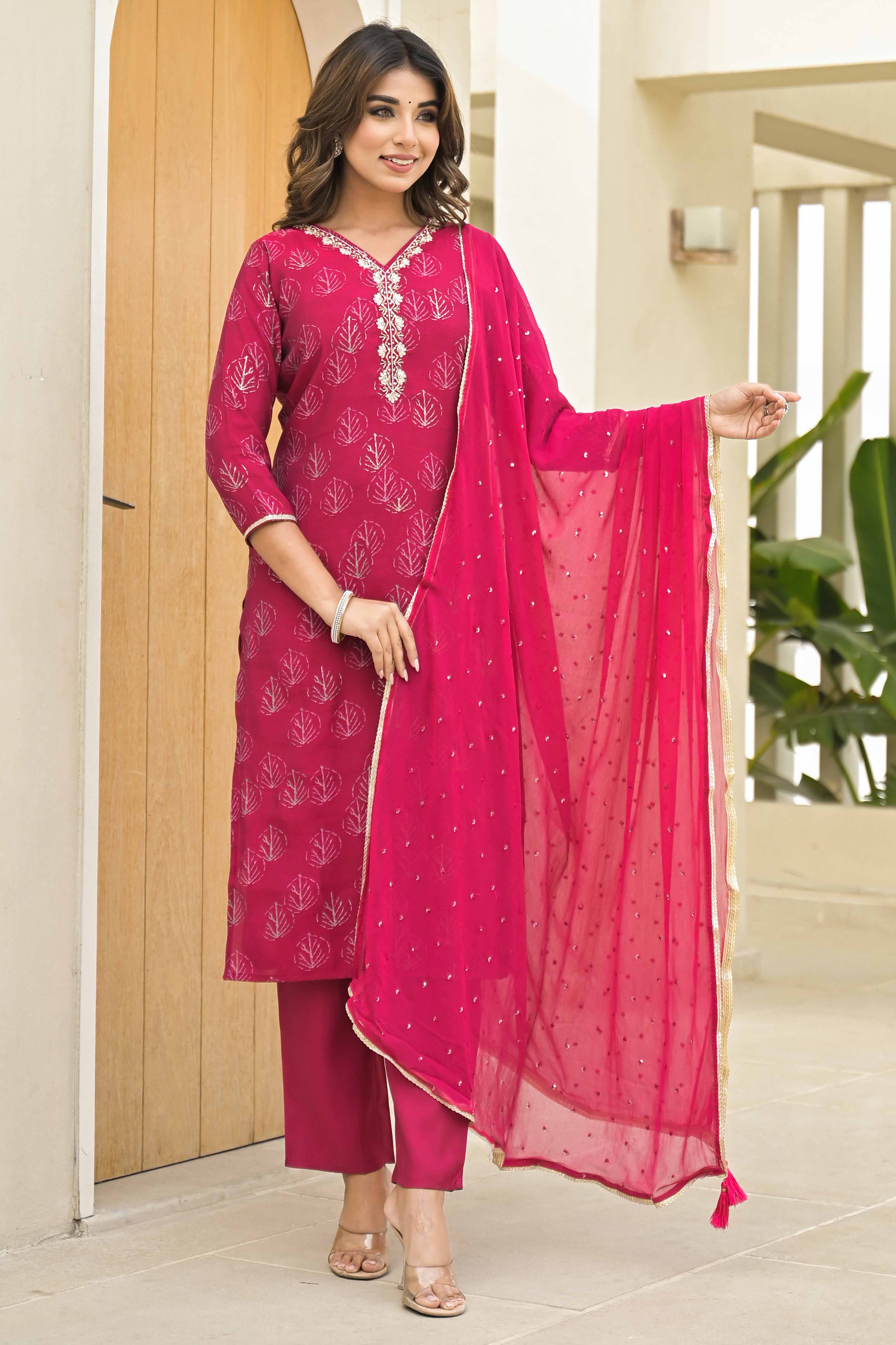 Pink Foil Printed Chanderi Straight Salwar Suit