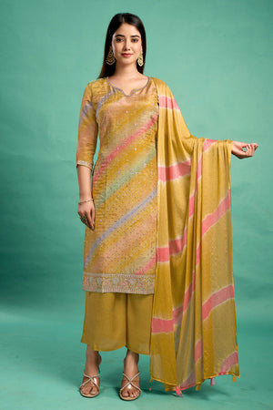 Mustard Pure Shimmer Straight Suit with Stone Embroidery
