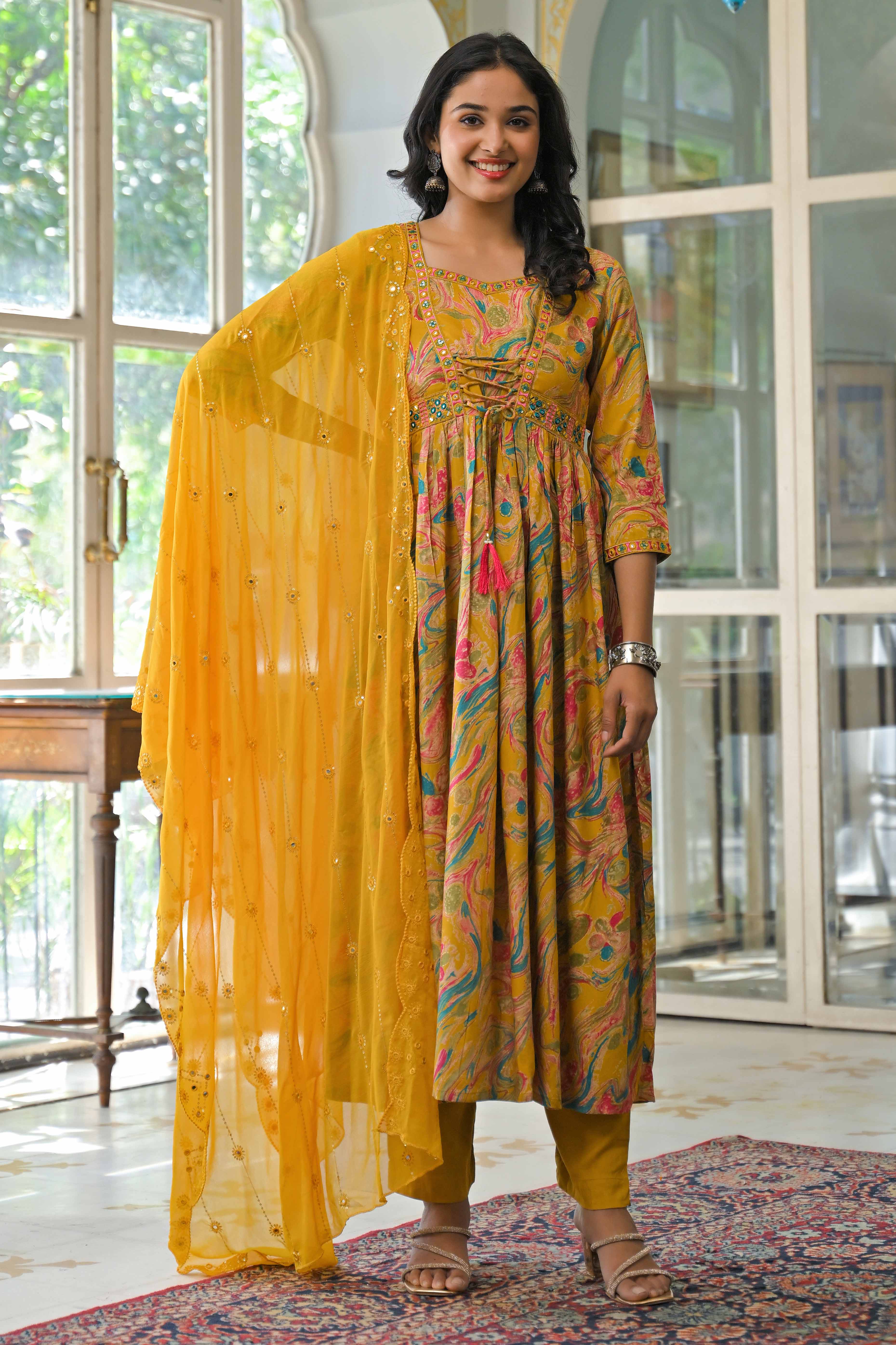 Mustard Floral Printed Rayon A-Line Salwar Suit