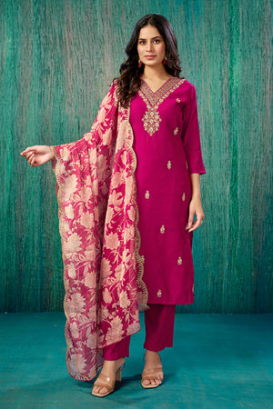Rani Pink Beads Work Embroidered Chanderi Straight Salwar Suit
