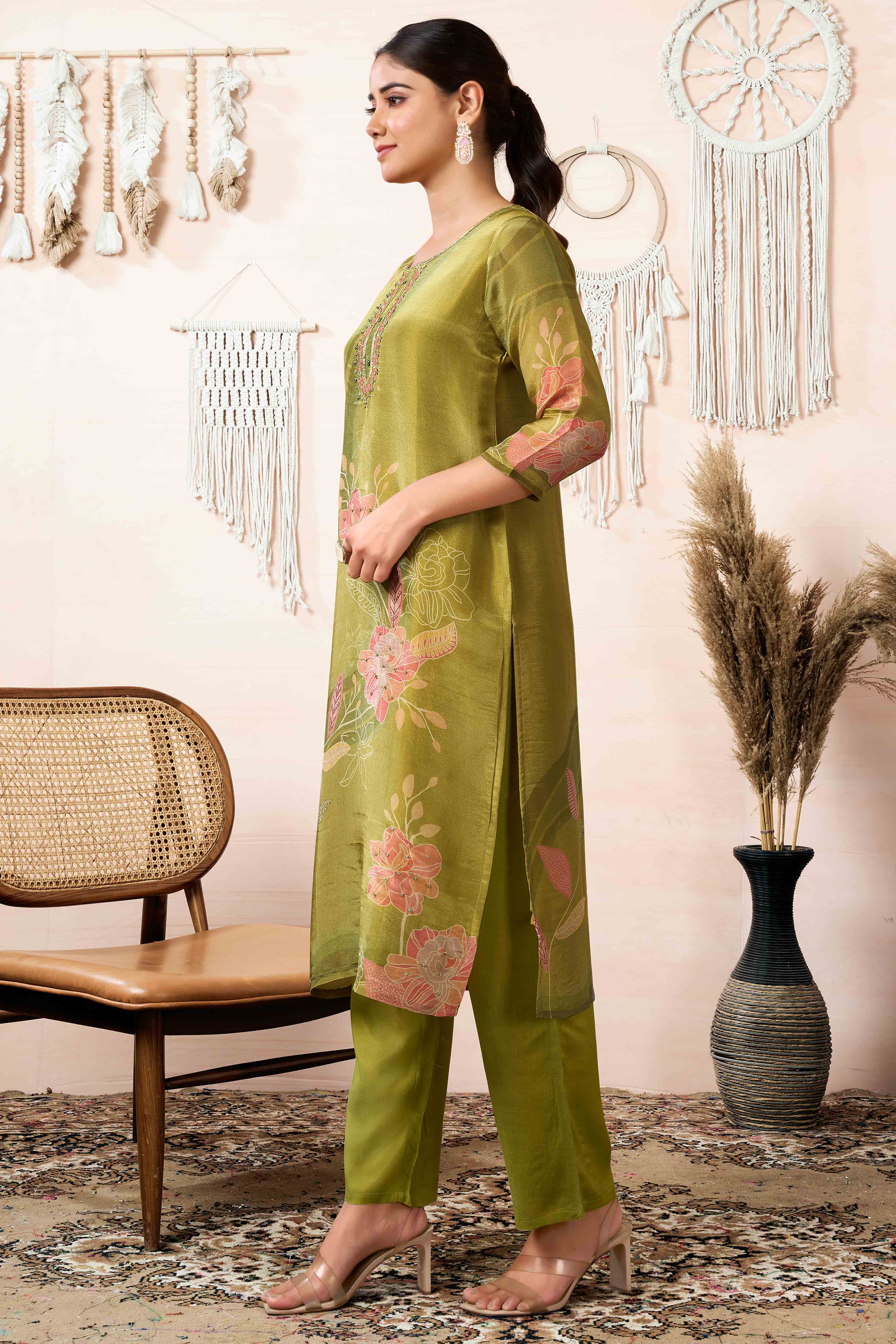 Green Floral Printed With Handwork Shimmer Organza Straight Salwar Suit