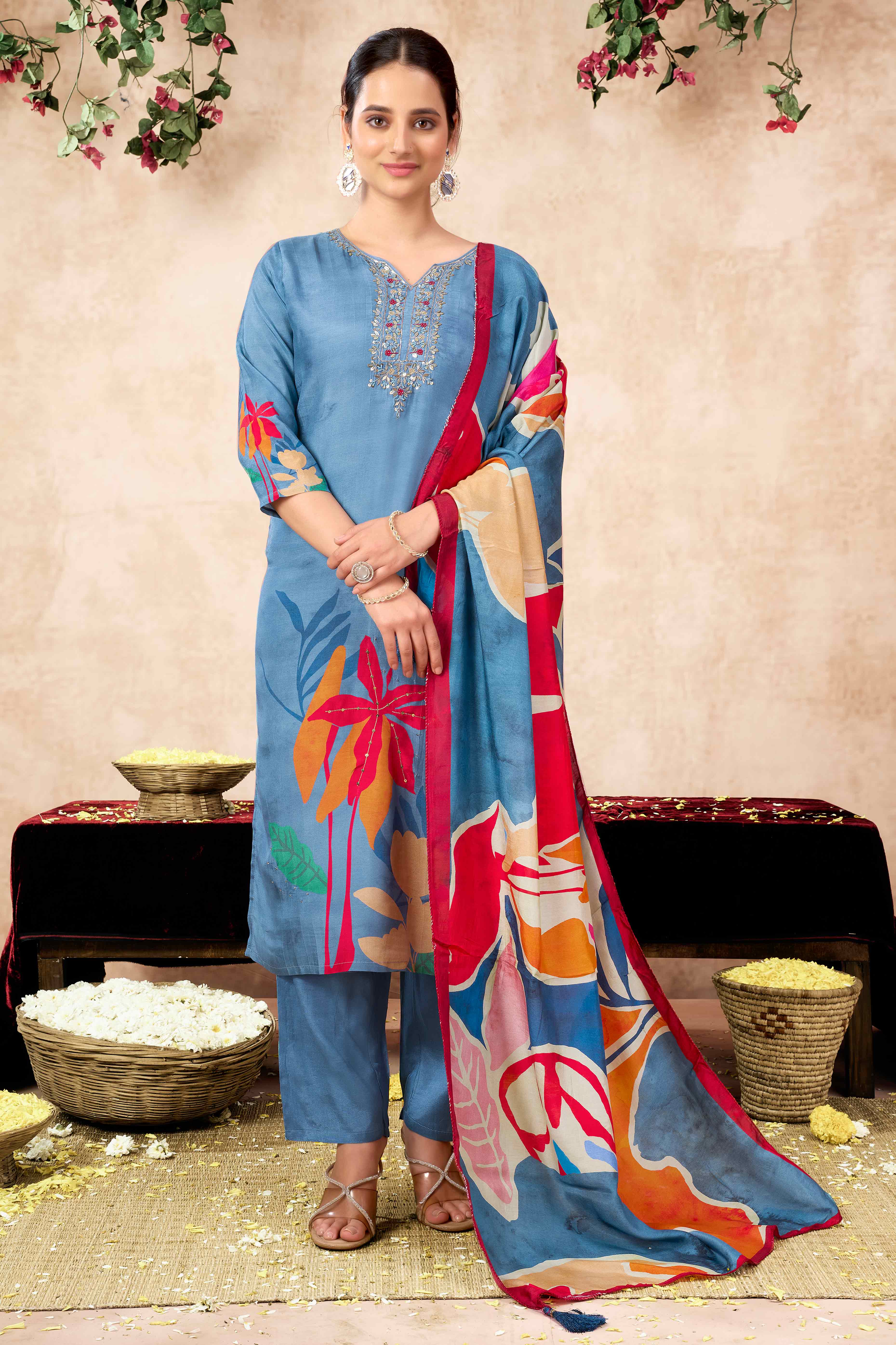 Blue Floral Hand Embroidery With Printed Muslin Straight Salwar Suit