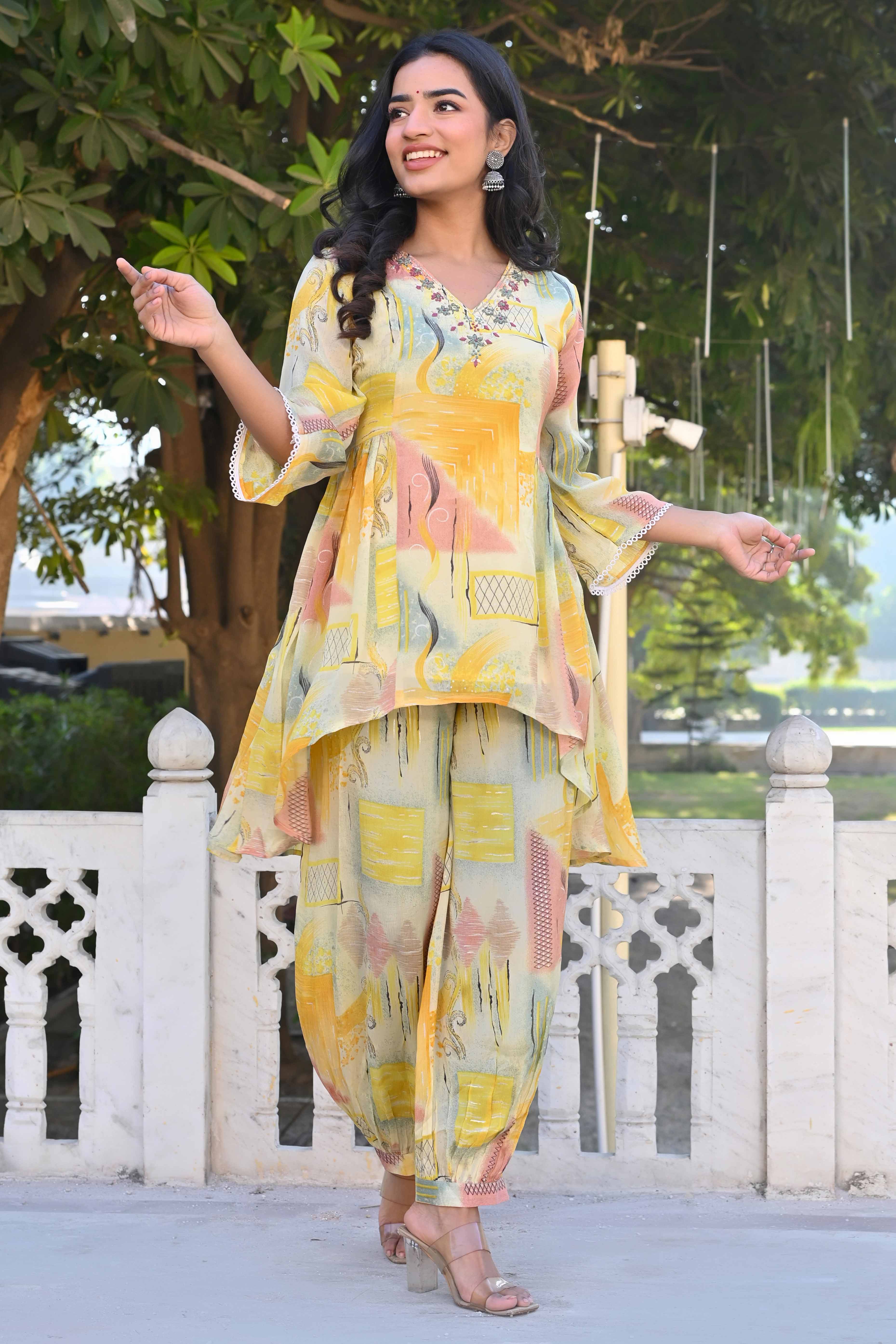 Cream & Yellow Printed With Embroidered Pure Chinon A-Line Co-Ord Set