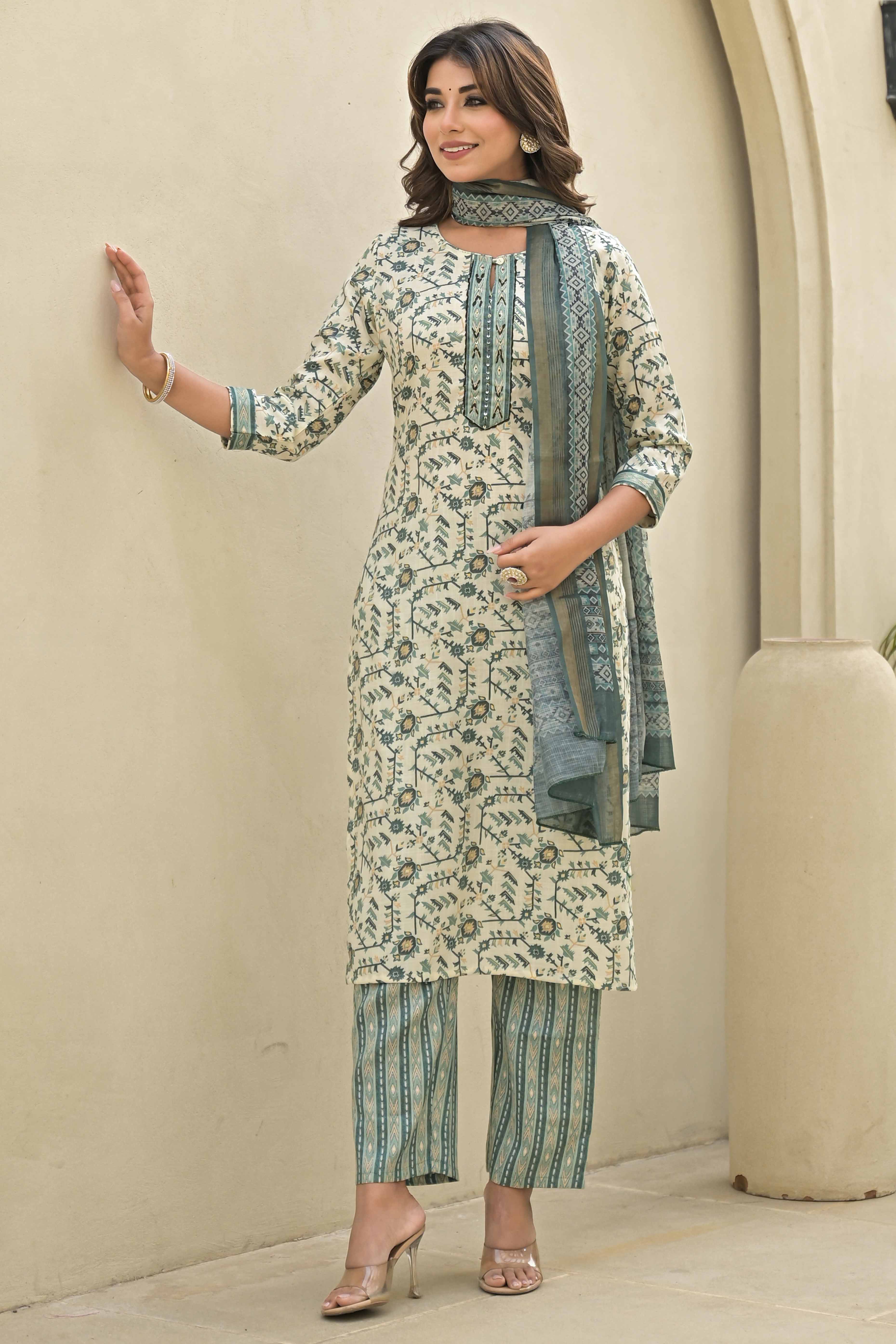 Sea Green Floral Printed Rayon Straight Salwar Suit