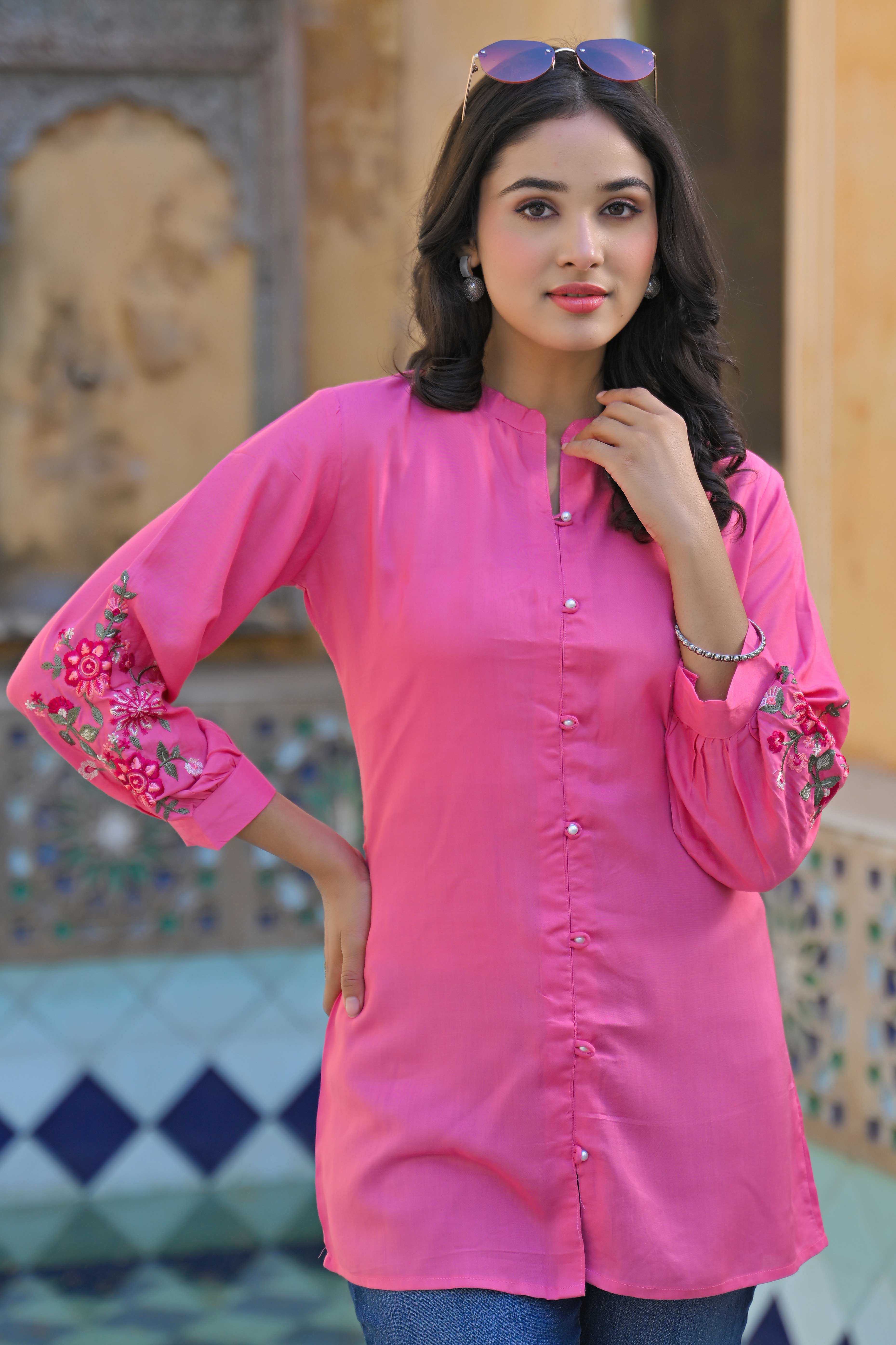 Pink Floral Embroidered Rayon Straight Top