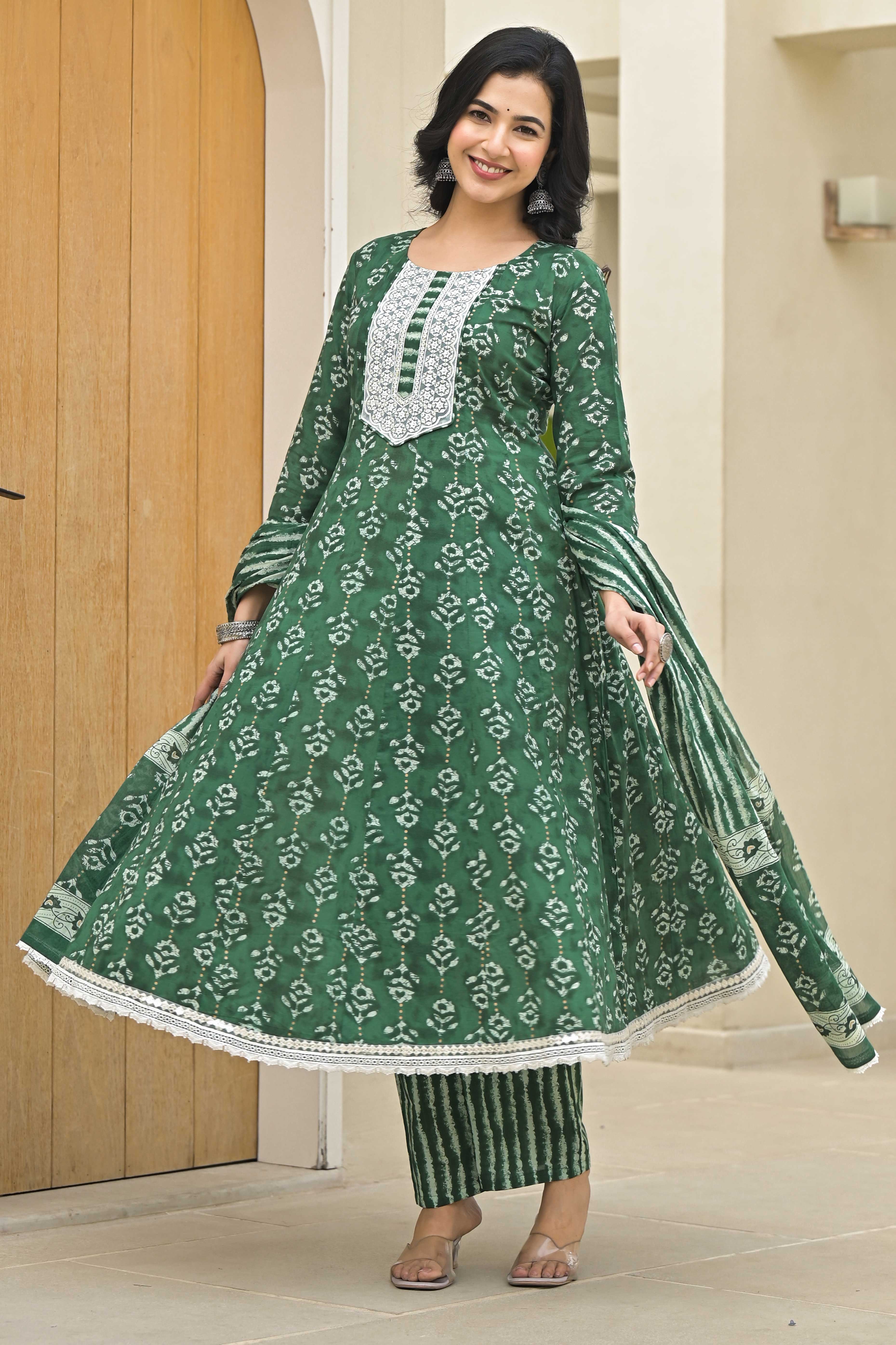 Green Floral Printed Pure Cotton Anarkali Salwar Suit