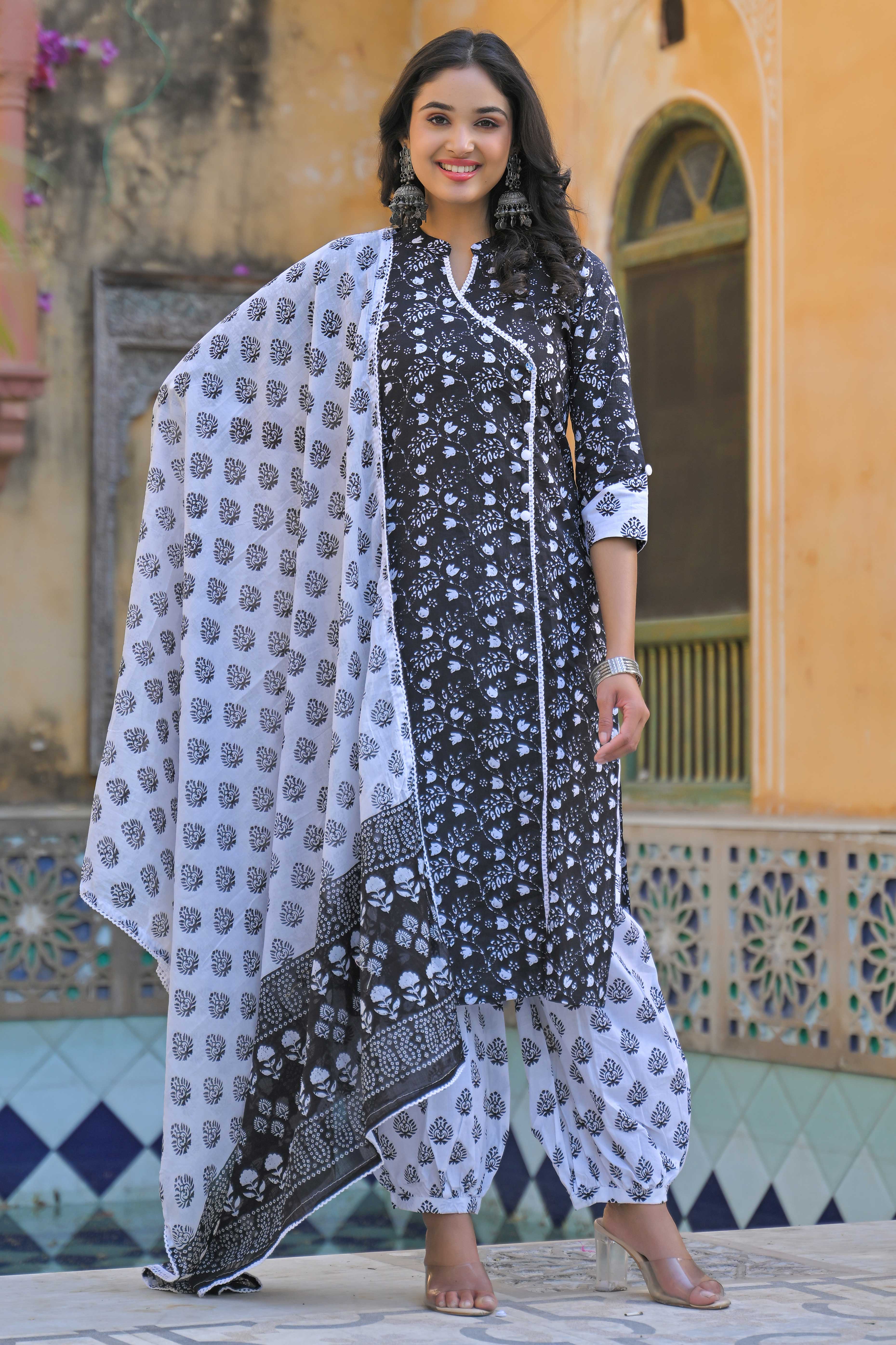 Black Floral Printed Pure Cotton Angrakha Salwar Suit