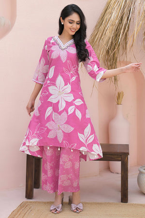 Pink Straight Fit Co-Ord Set with Subtle Floral Prints in Soft Cotton Fabric