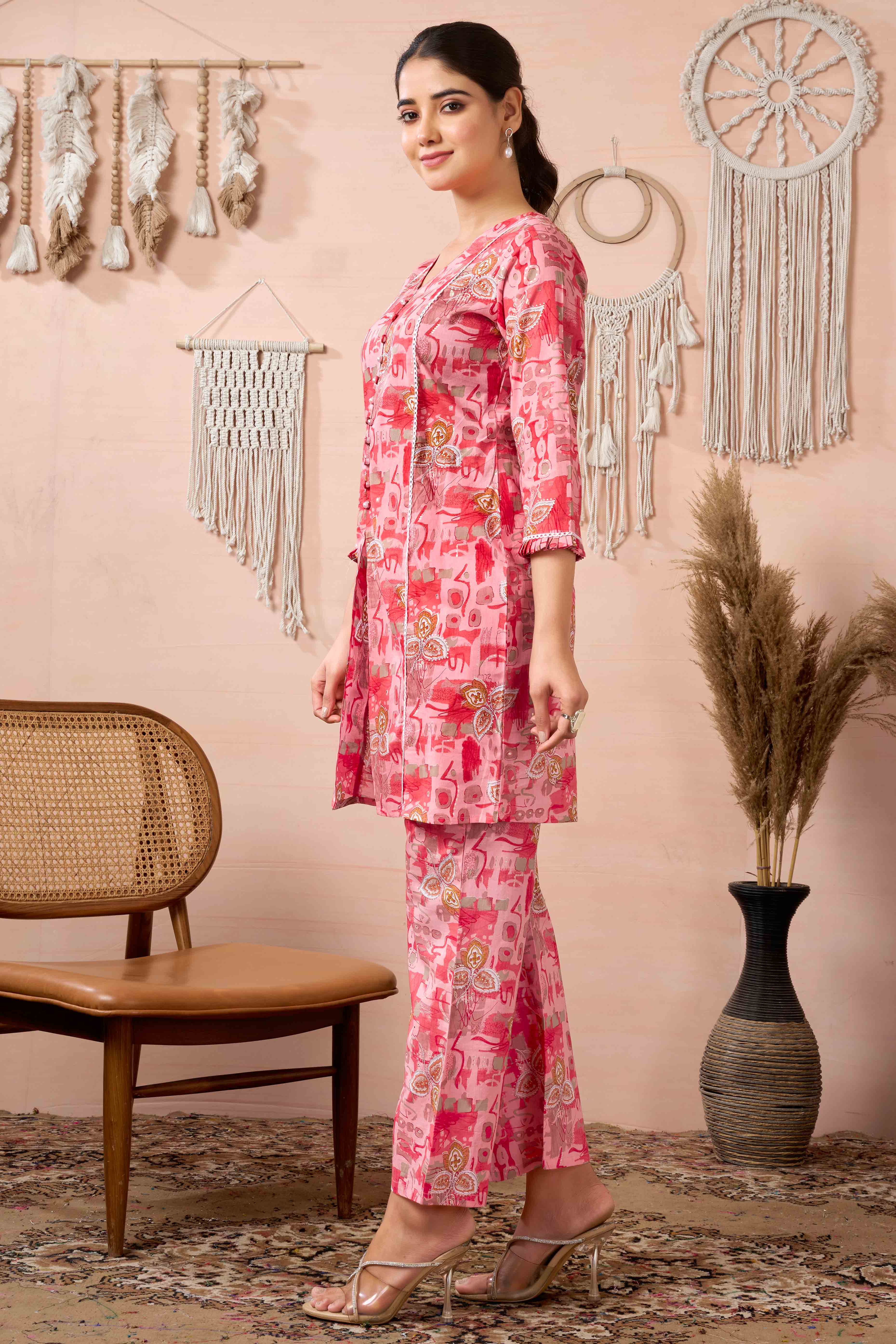 Peach Floral Printed Pure Cotton Co-ord Set