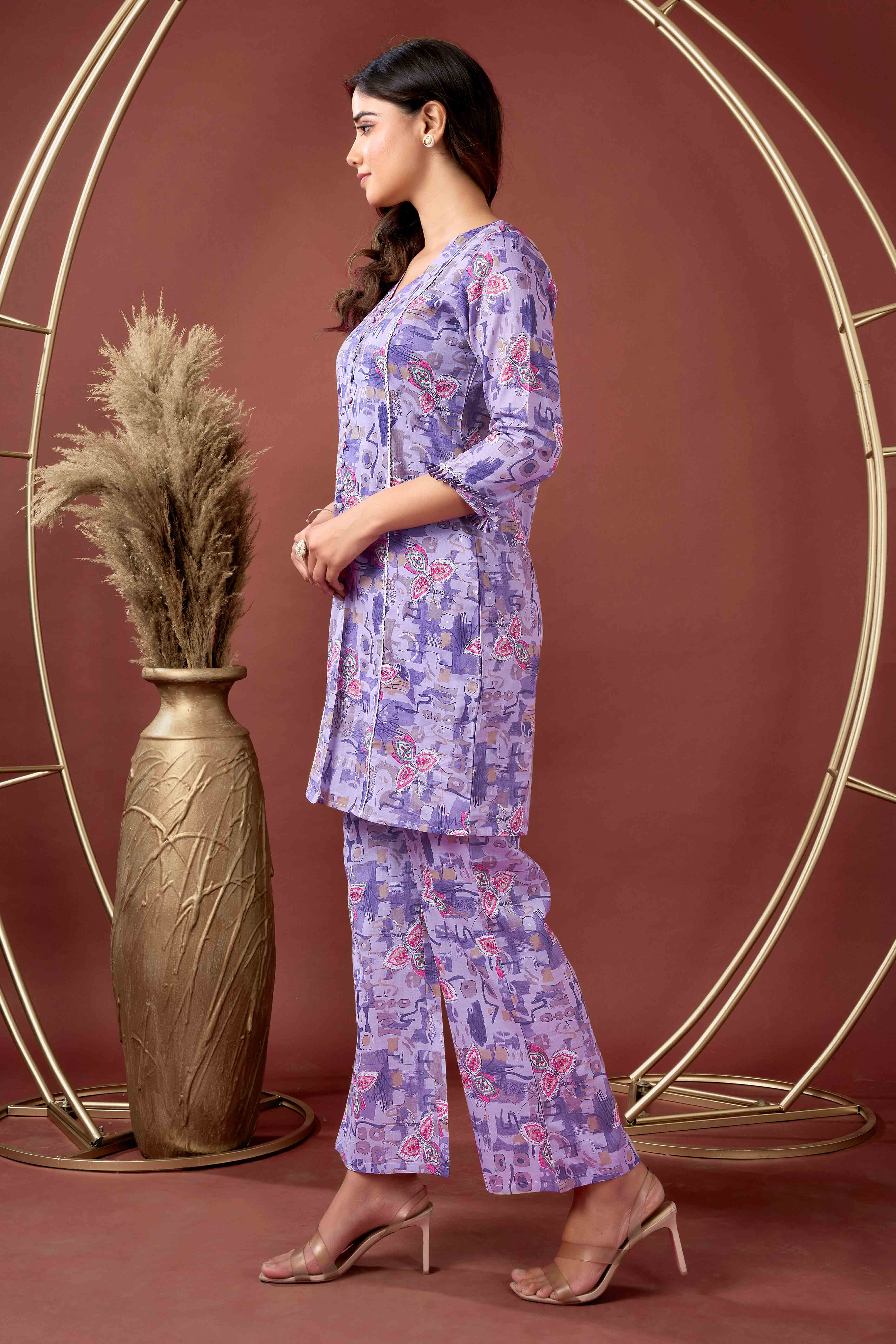 Plum Purple Floral Printed Pure Cotton Co-ord Set