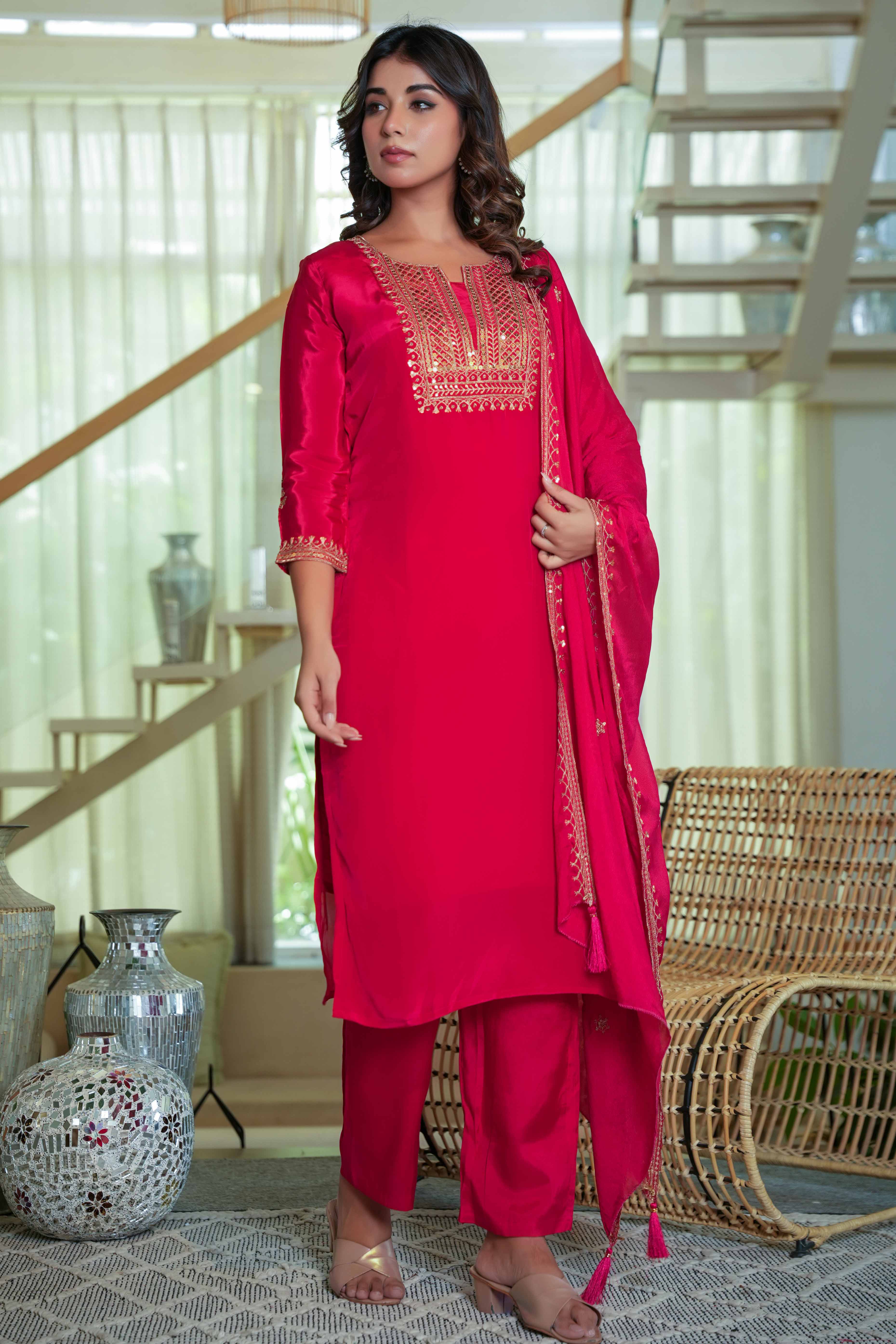 Glamorous Red Crepe Straight Suit with Intricate Sequin Embroidery