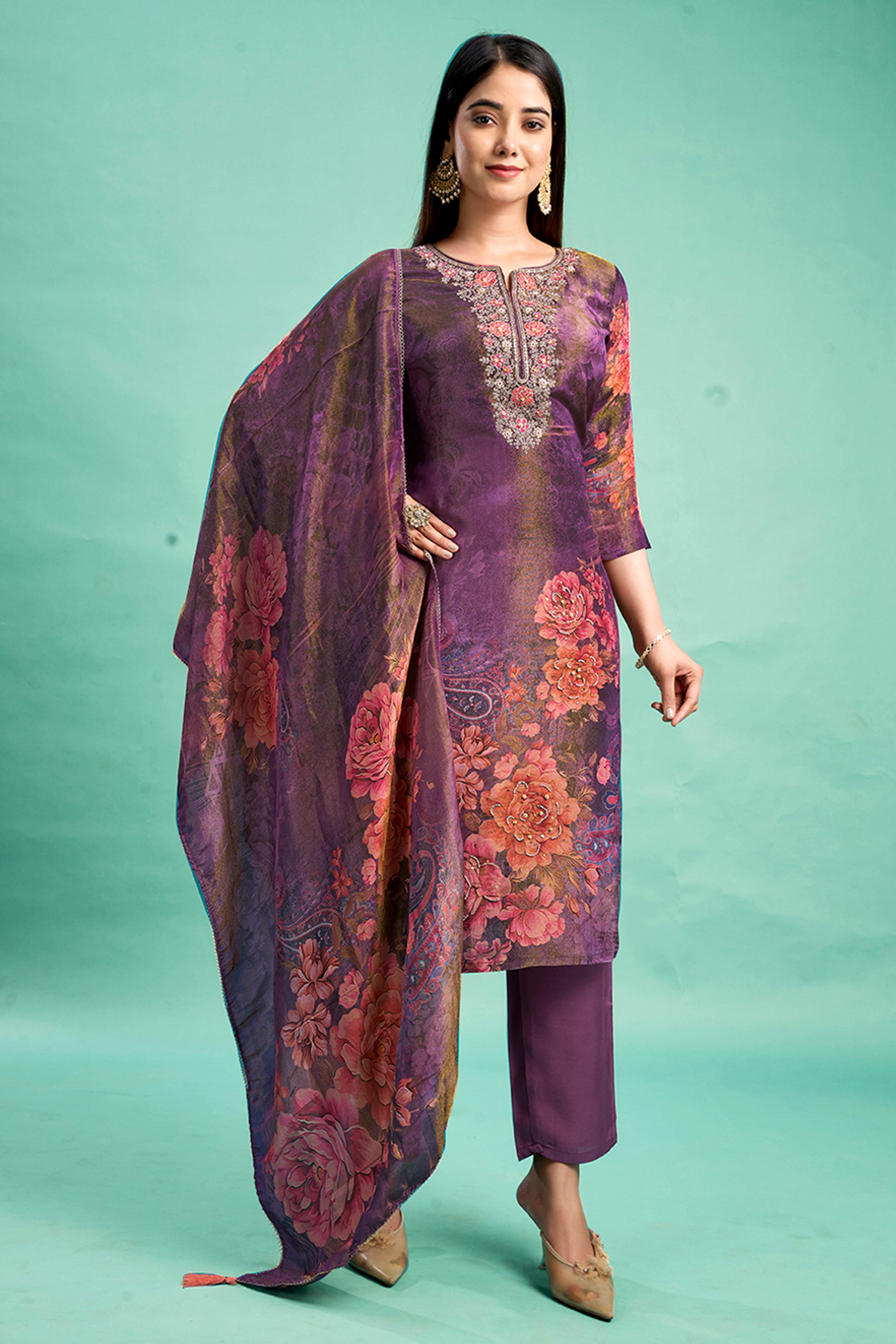 Purple Bandhani Printed With Embroidery Work Pure Viscose Salwar Suit