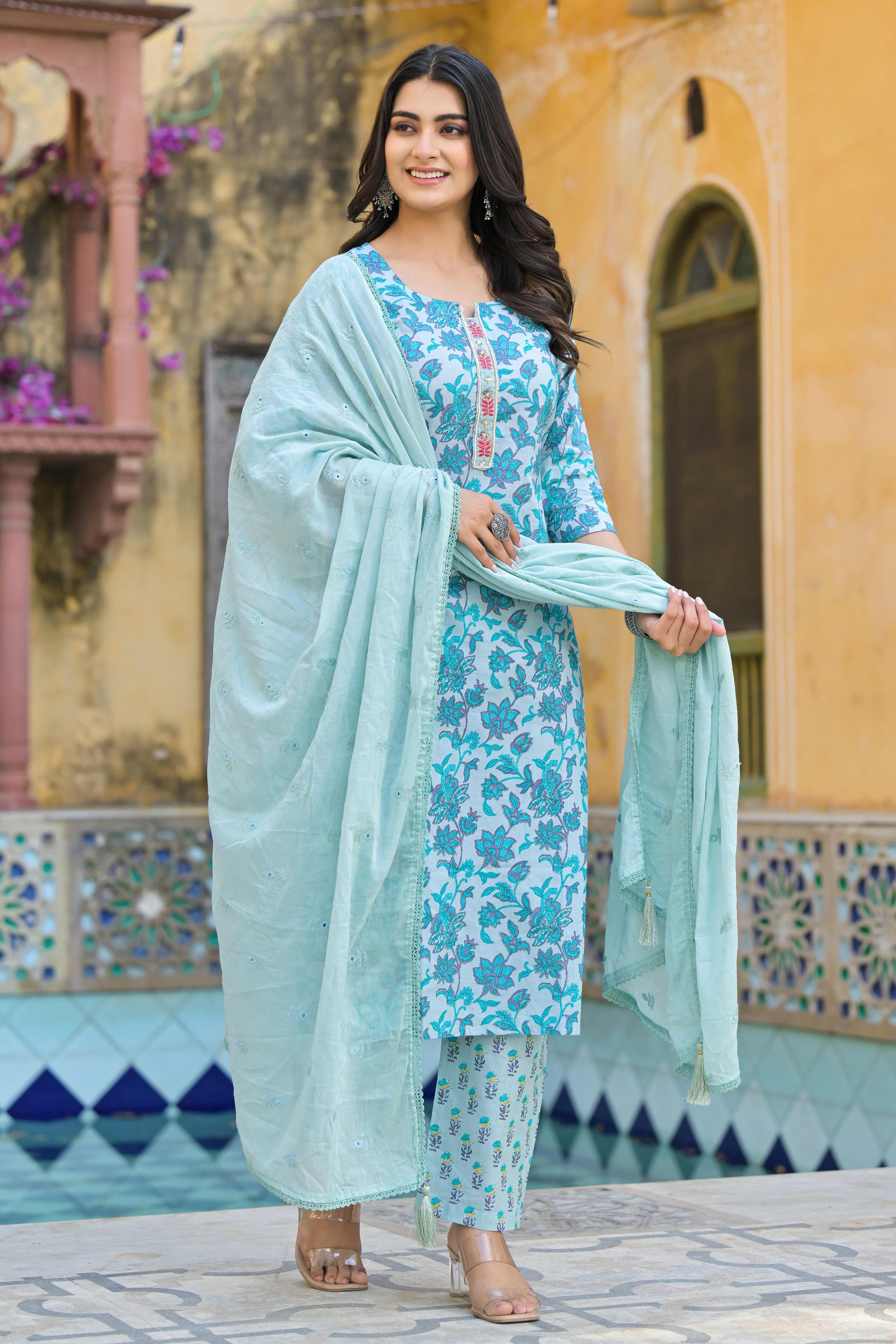 Turquoise Floral Printed Pure Cotton Straight Salwar Suit