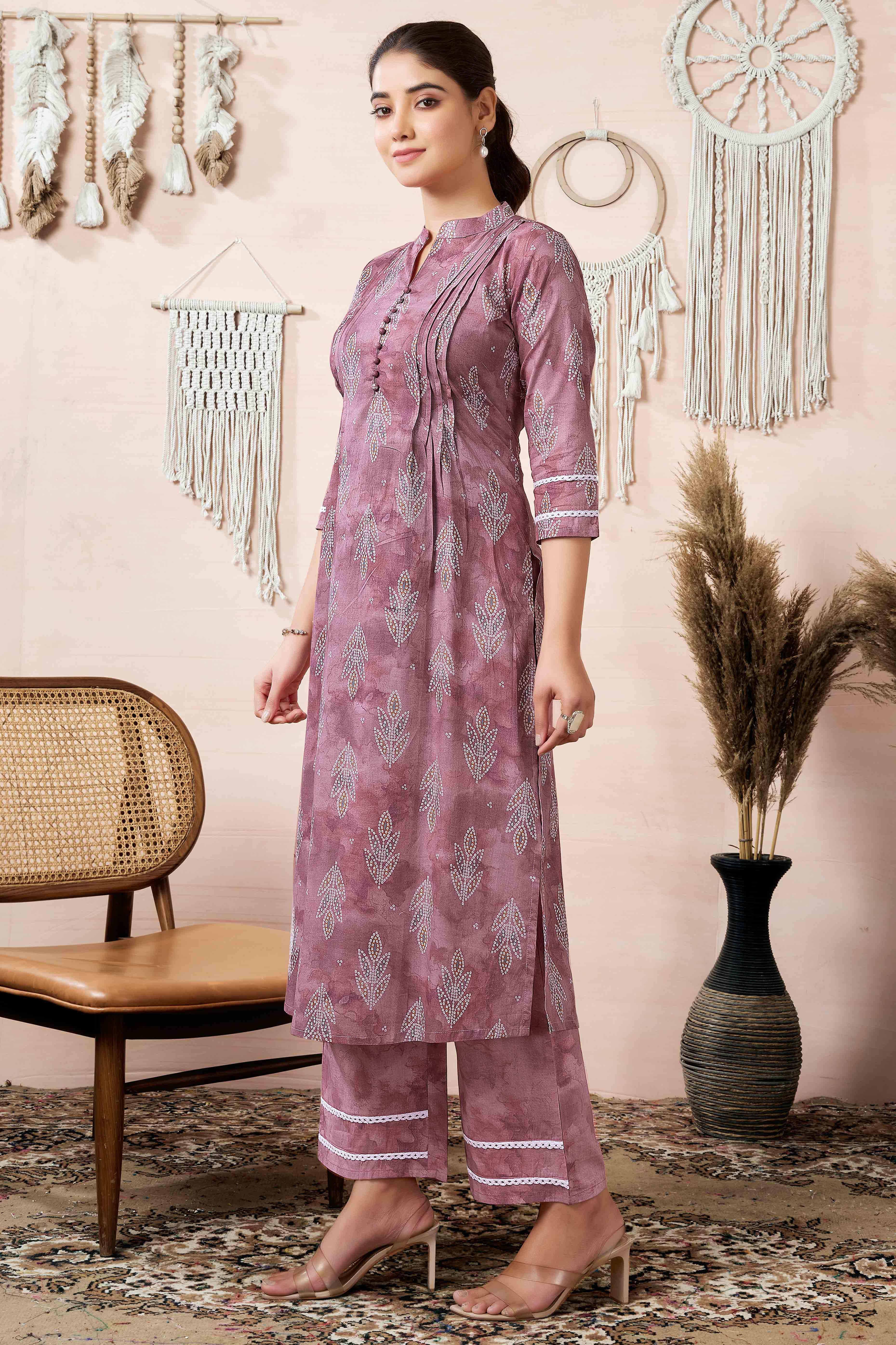 Mauve Floral Foil Printed Cambric Cotton Kurti Palazzo Set
