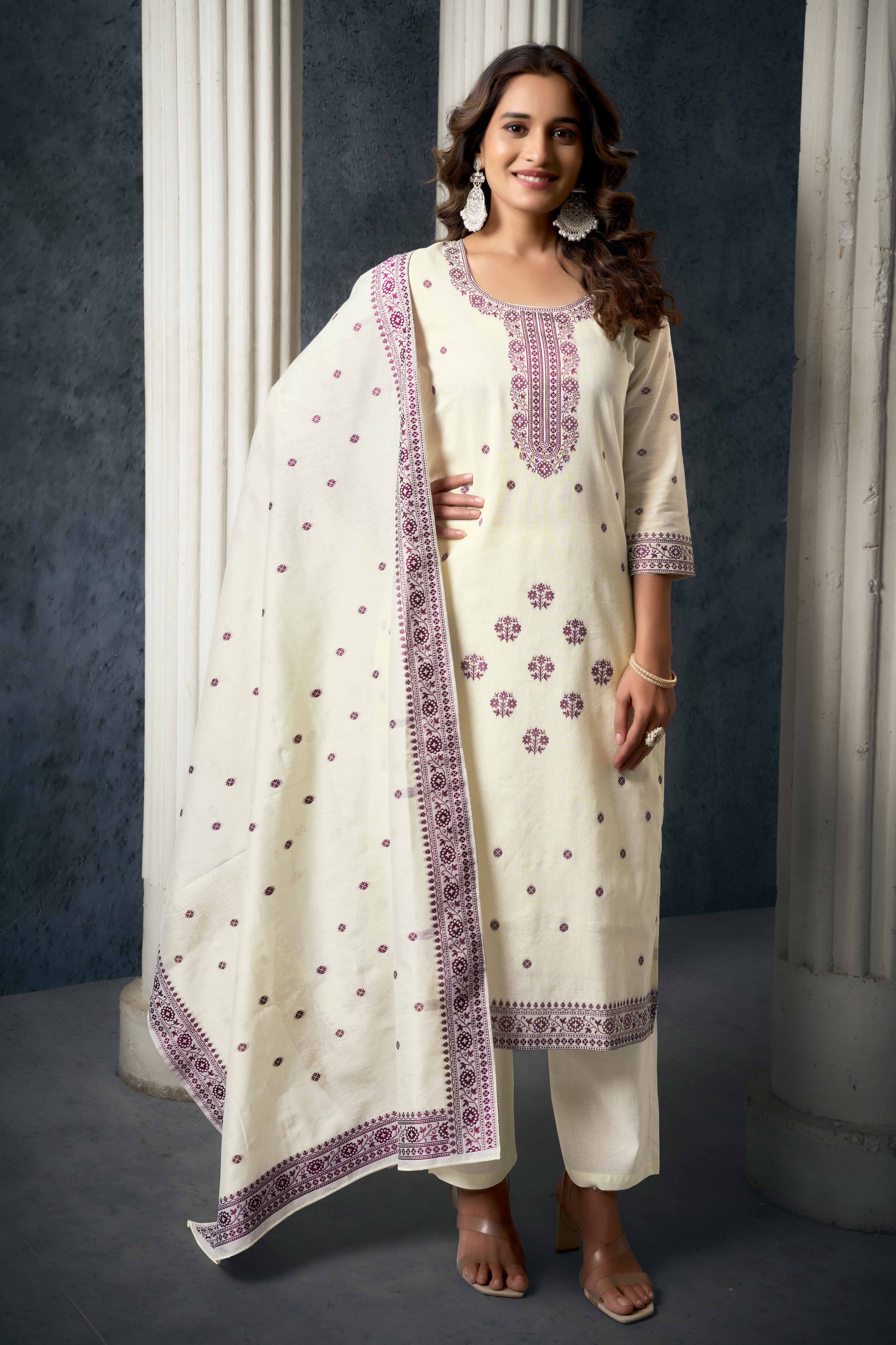 Off White & Wine Jacquard Weaving Pure Cotton Straight Salwar Suit