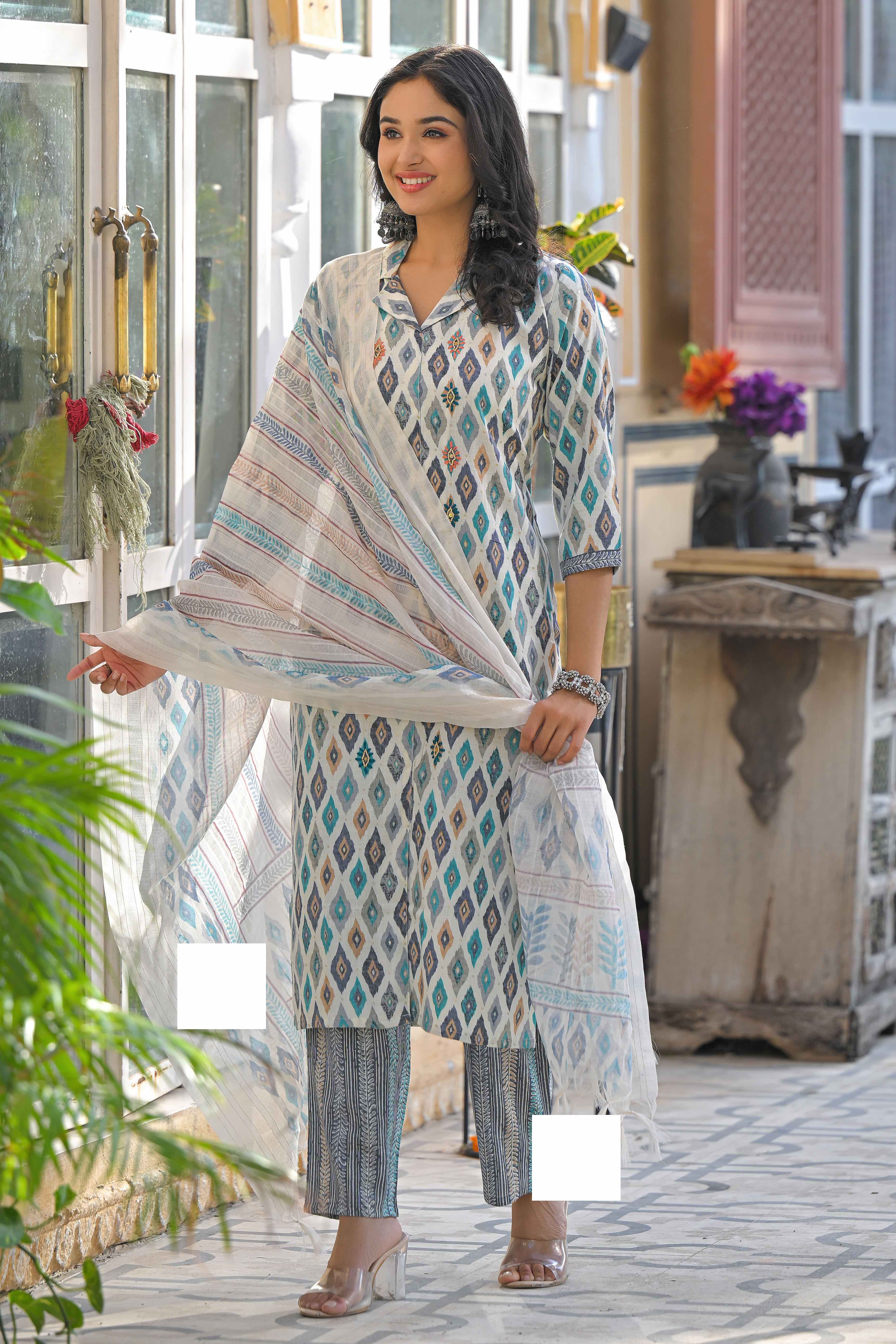 Off White & Blue Geometric Printed Rayon Straight Salwar Suit