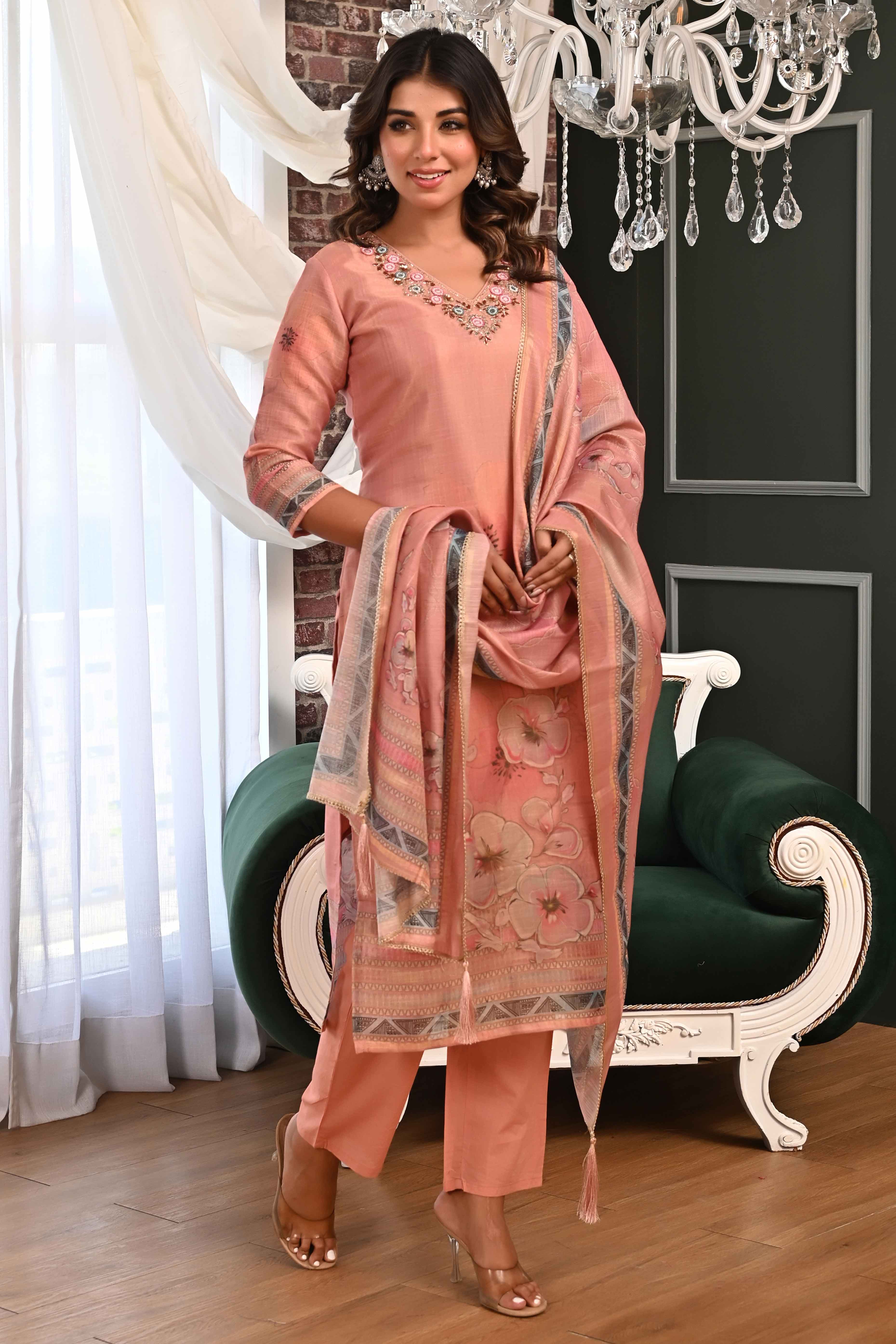 Elegant Dark Peach Linen Jacquard Salwar Suit with Floral Prints & Shimmer