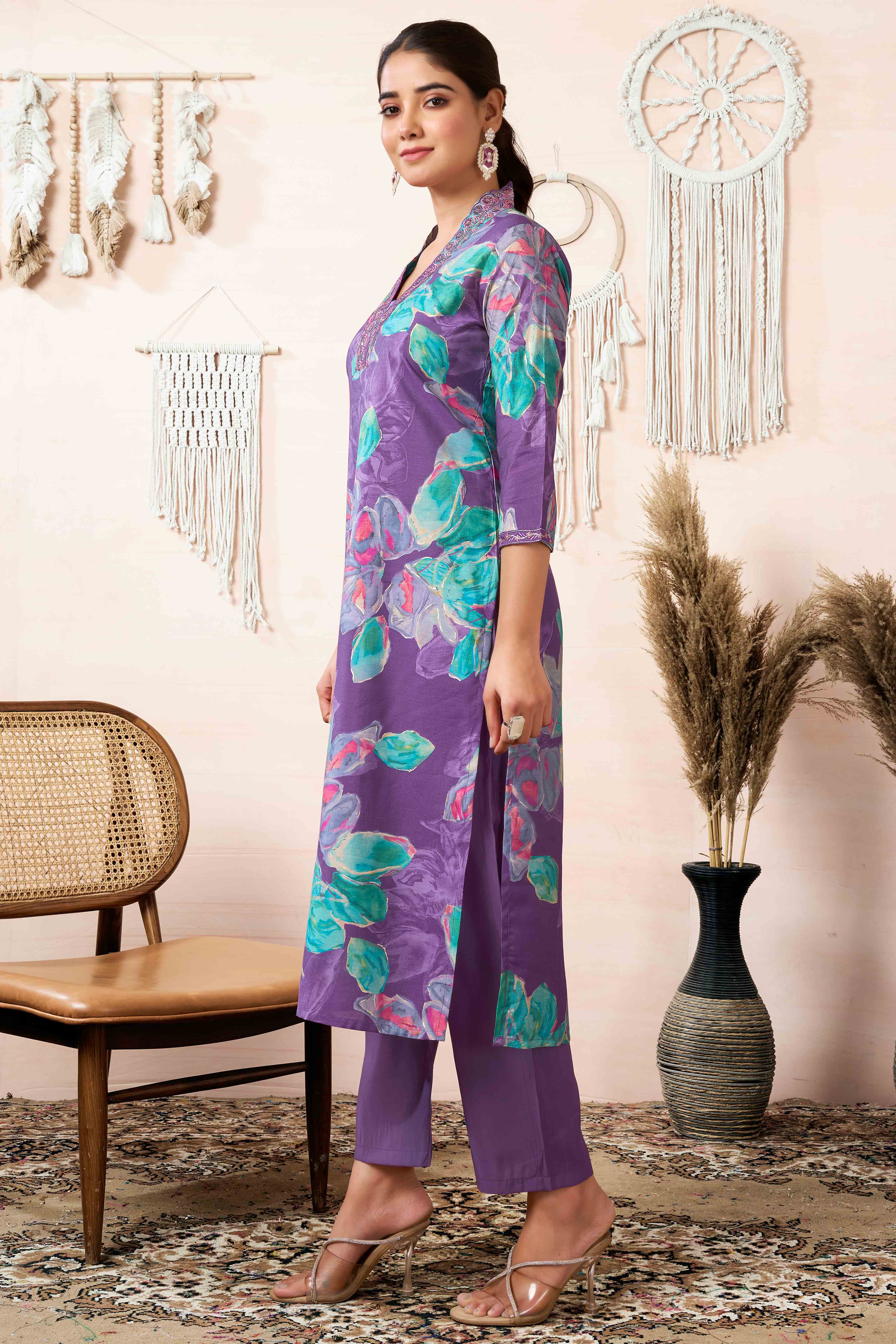 Purple Floral Printed Cotton Silk Straight Salwar Suit
