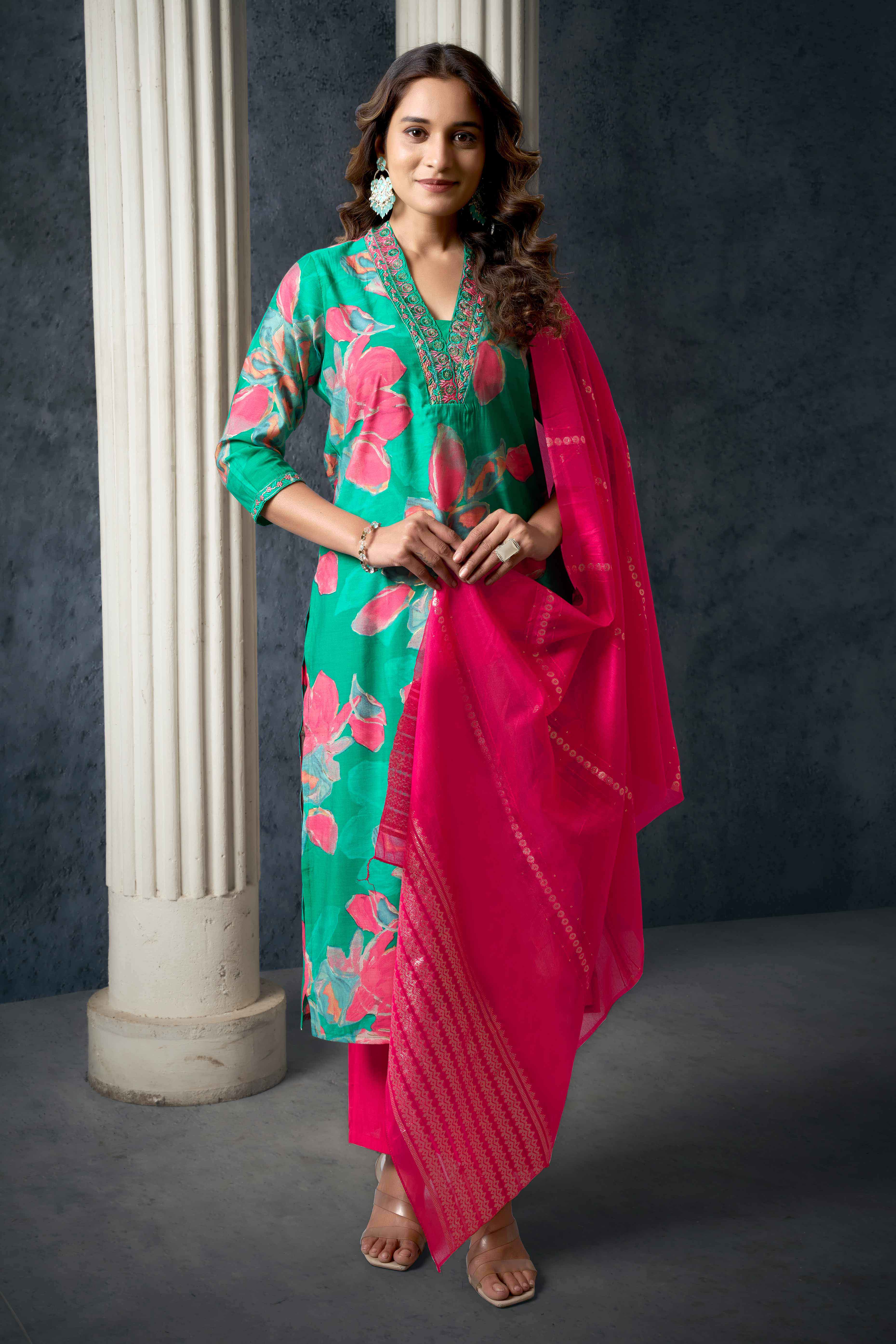 Sea Green Floral Printed Cotton Silk Straight Salwar Suit