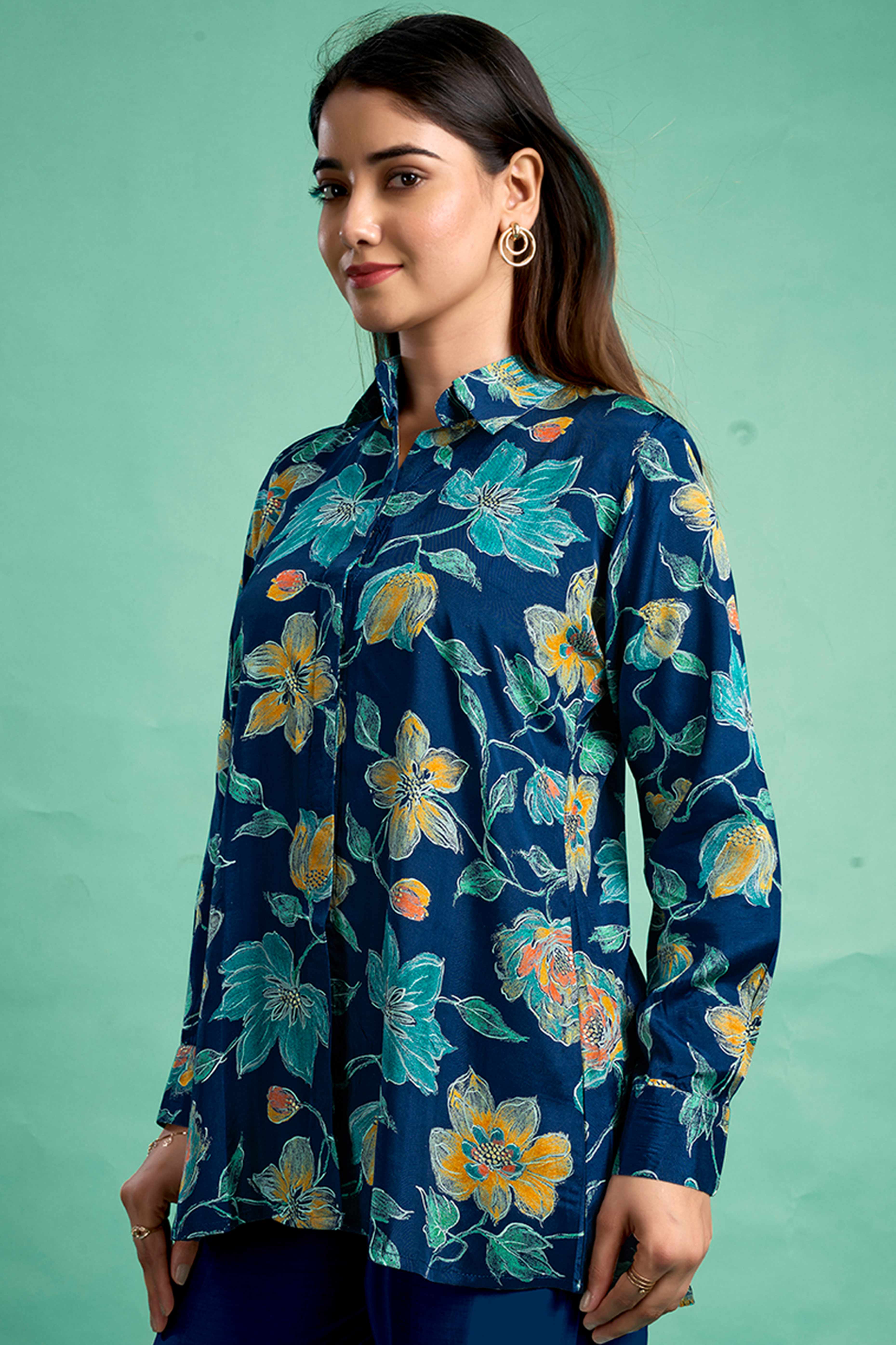 Morpich Blue Floral Printed Muslin Straight Top