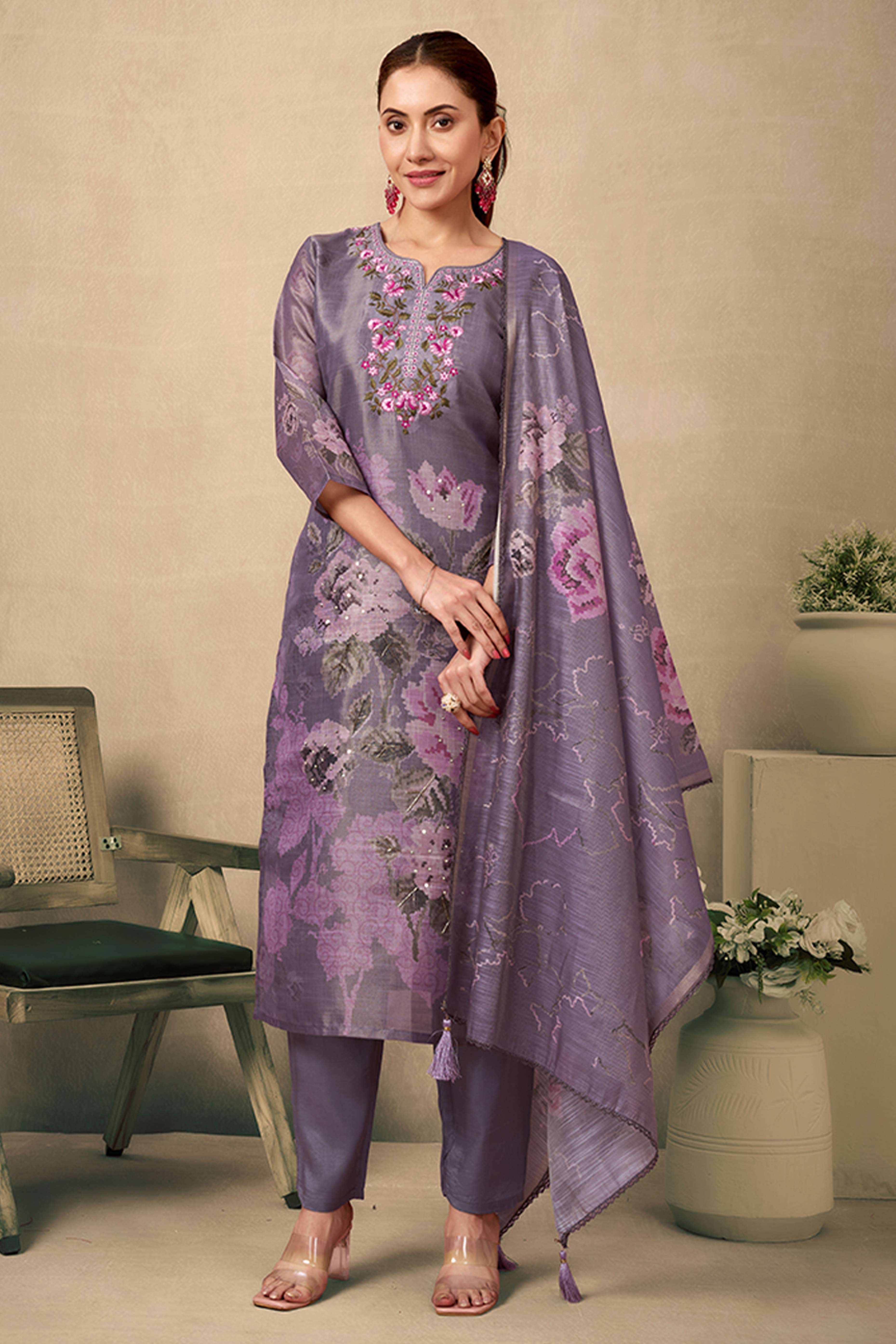Mauve Floral Printed and Embroidered Straight Suit in Rich Textured Jacquard Fabric