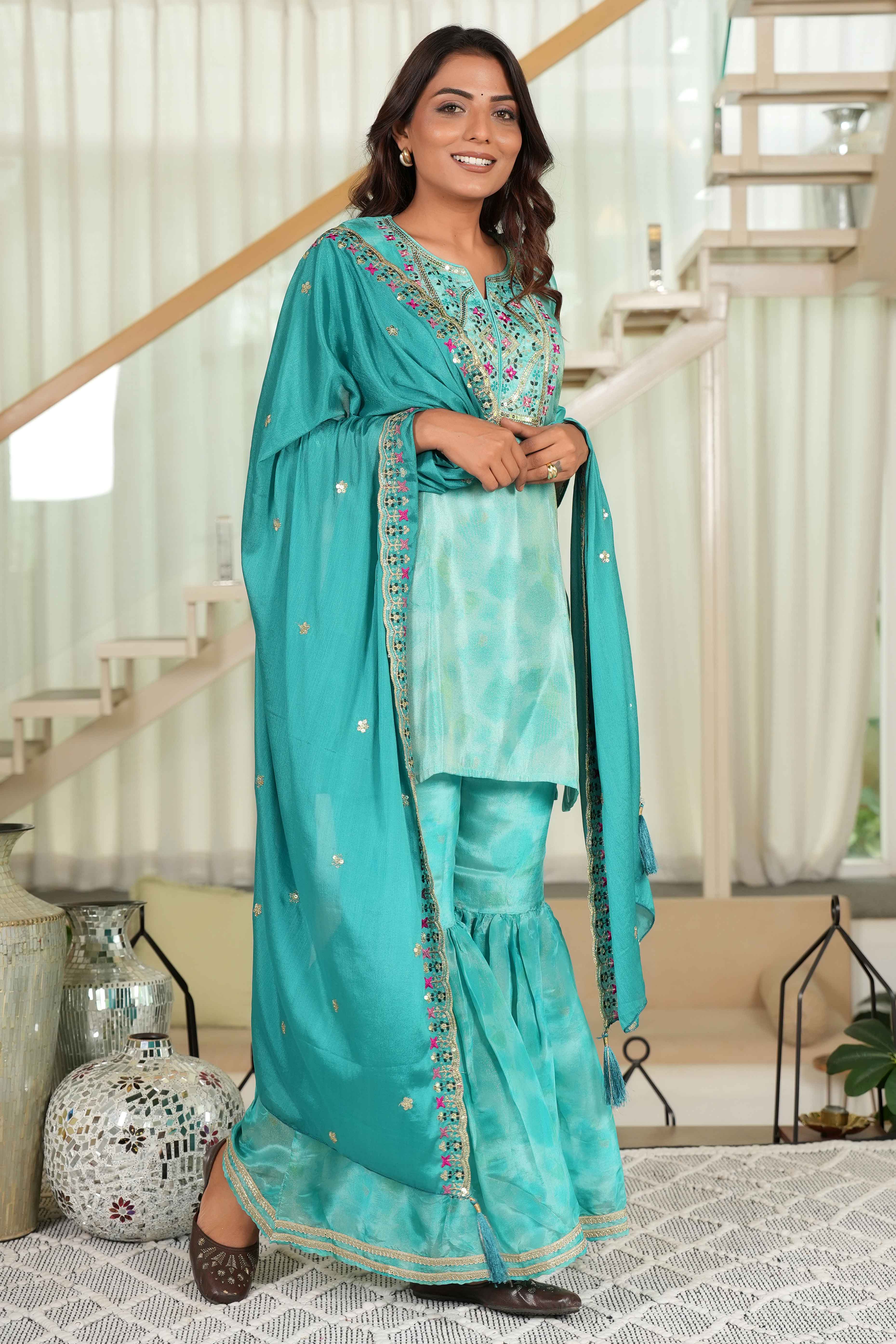 Turquoise Embroidered Organza Sharara Set with Delicate Floral Sequins