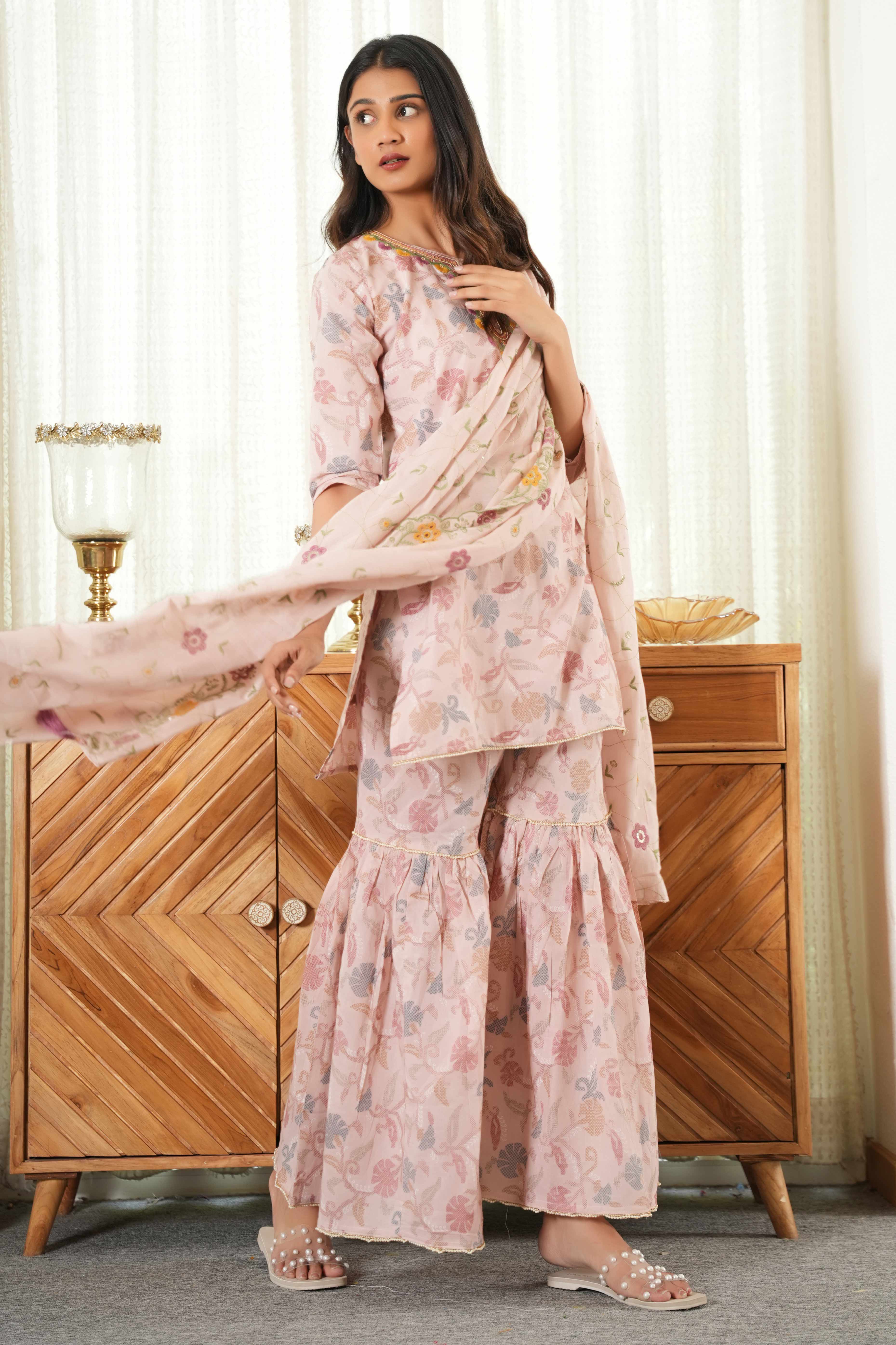 Elegant Baby Pink Floral Printed Pure Cotton Sharara Suit for Festive Charm