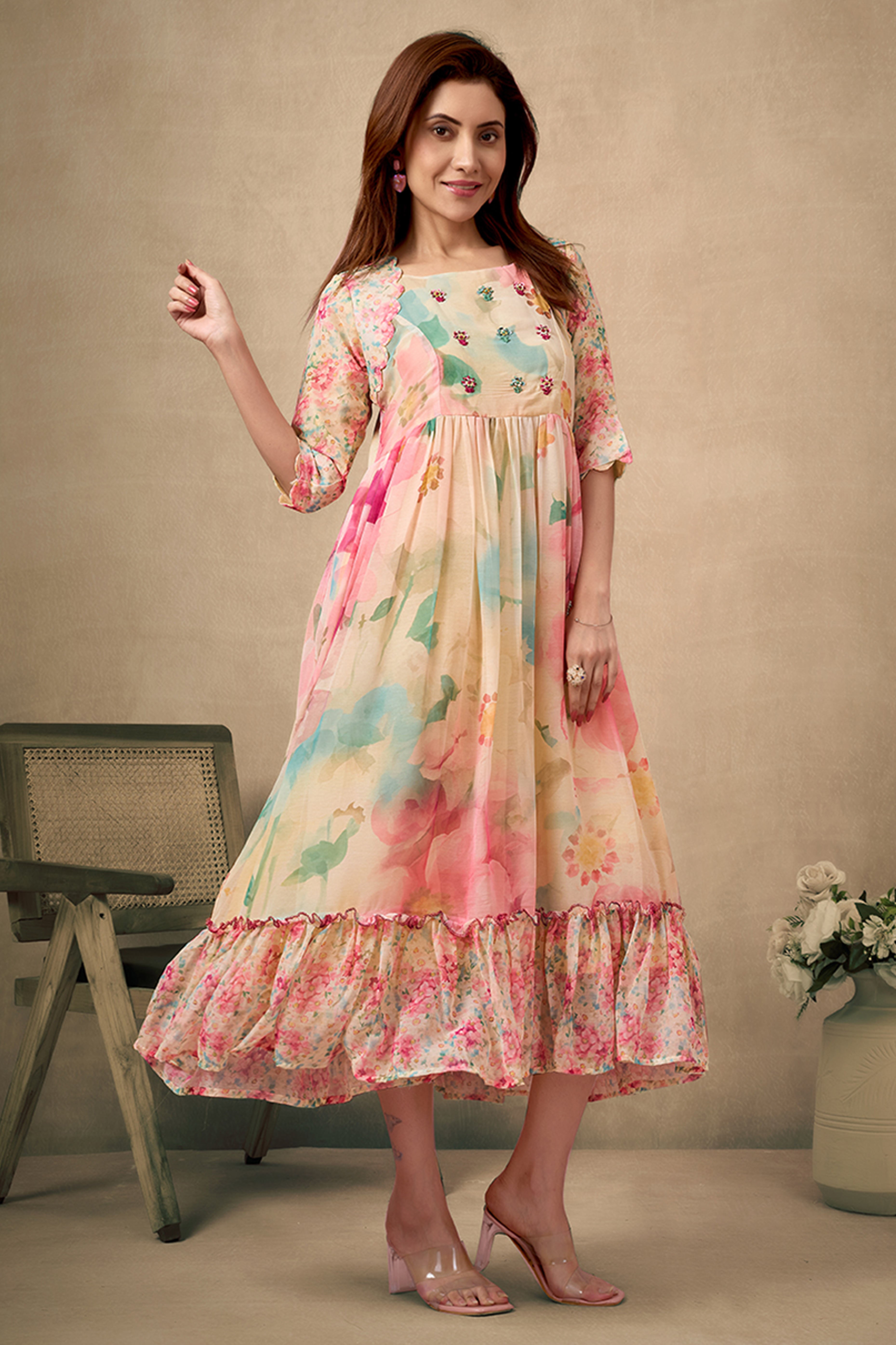Multicolor Chiffon Maxi with Artistic Floral Prints and Handcrafted Embroidery