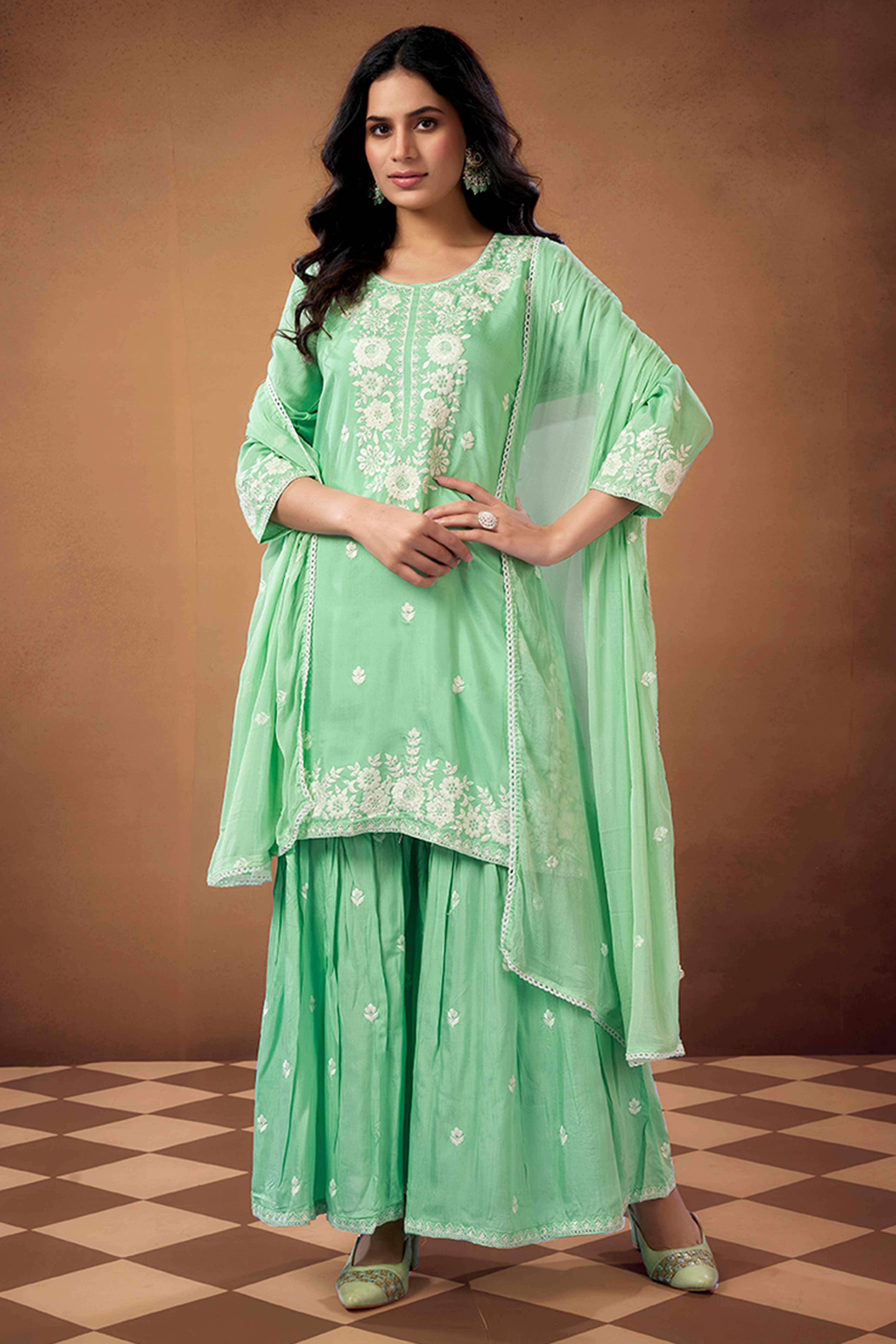 Sea Green Floral Embroidered Muslin Straigth Sharara Suit