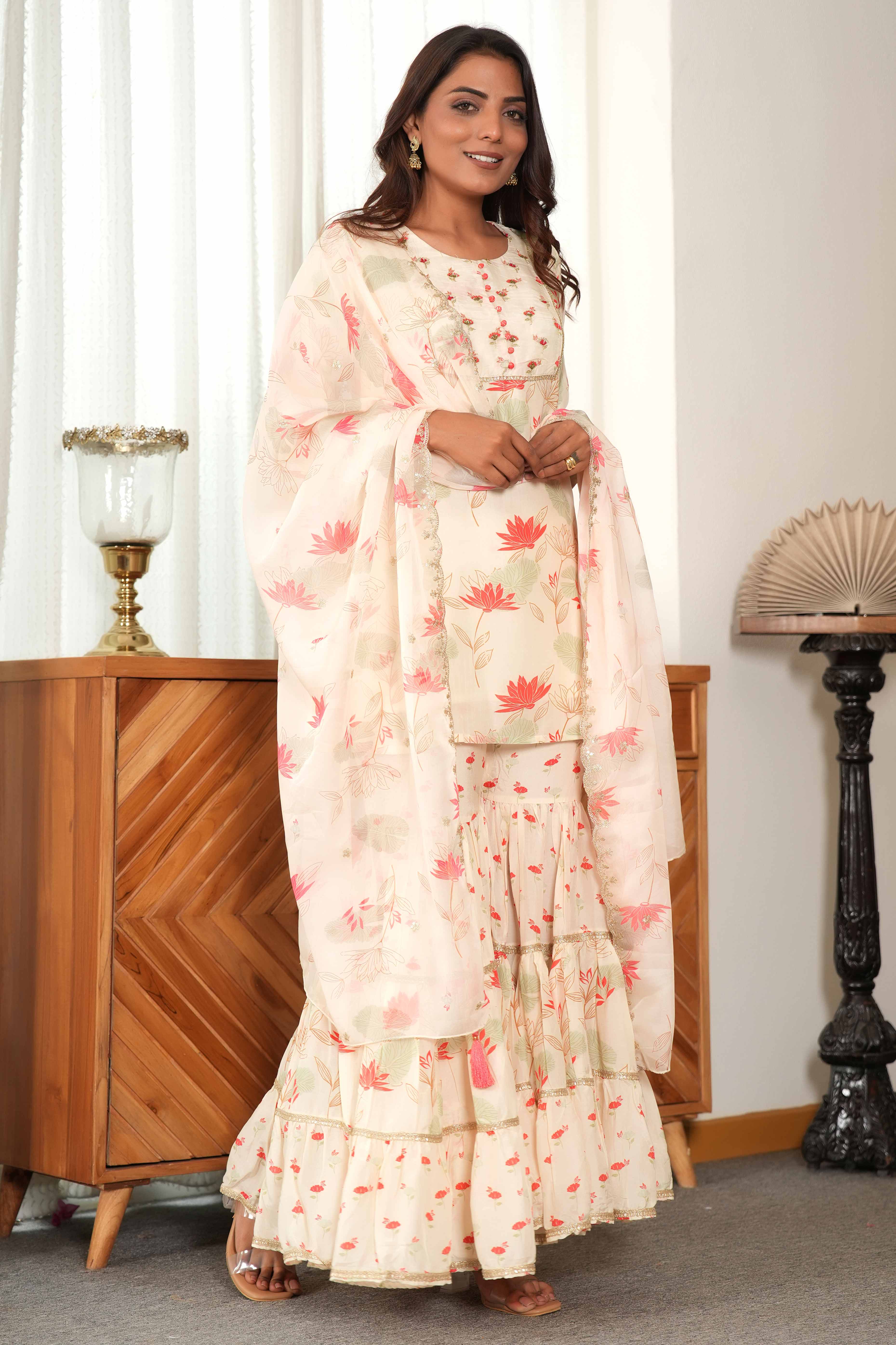 Cream Blossom Printed Florals with Flowy Muslin Sharara Bottom Set