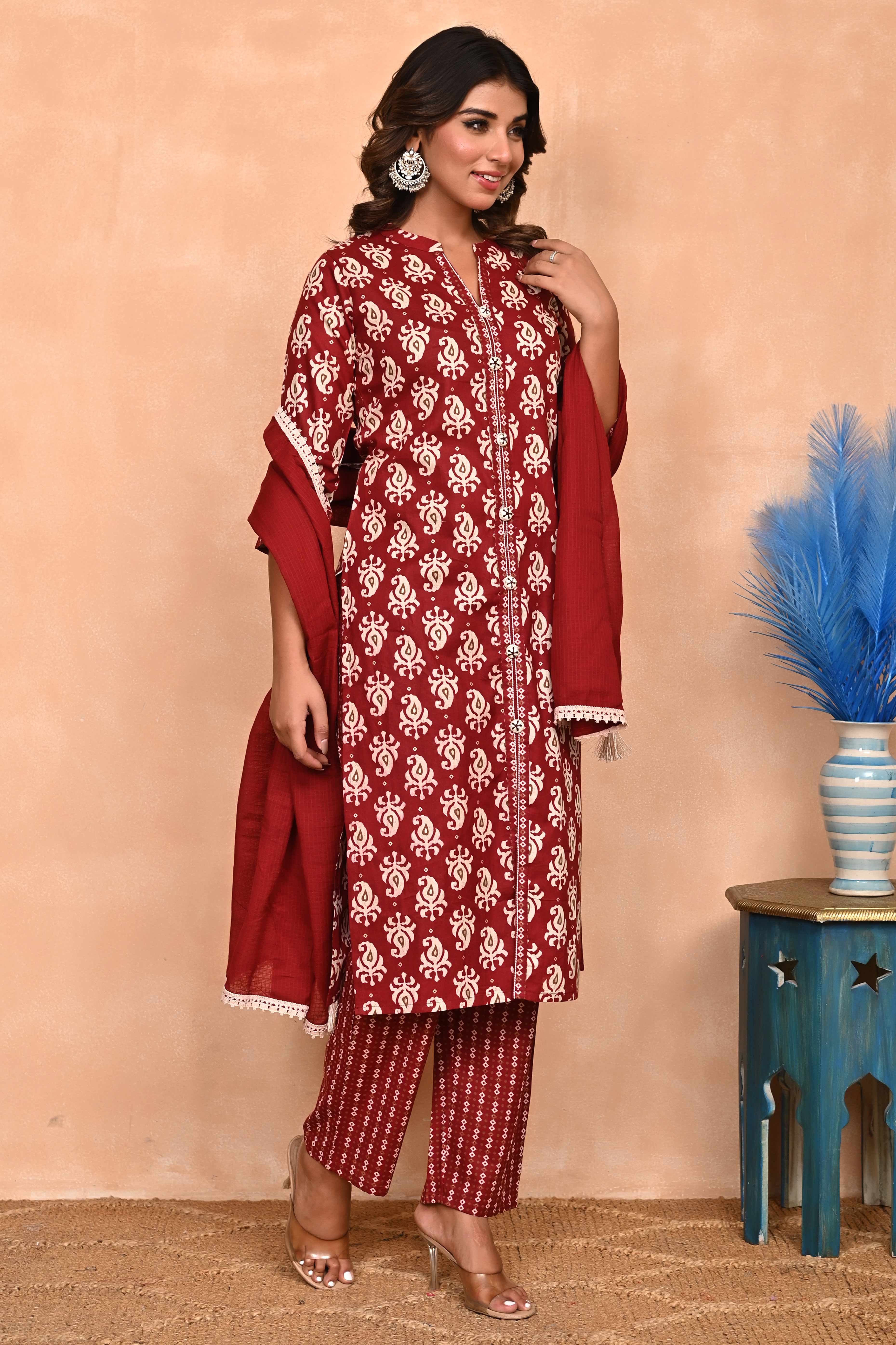 Maroon Floral Printed Salwar Suit in Pure Cotton with Modern Front Slit Styling