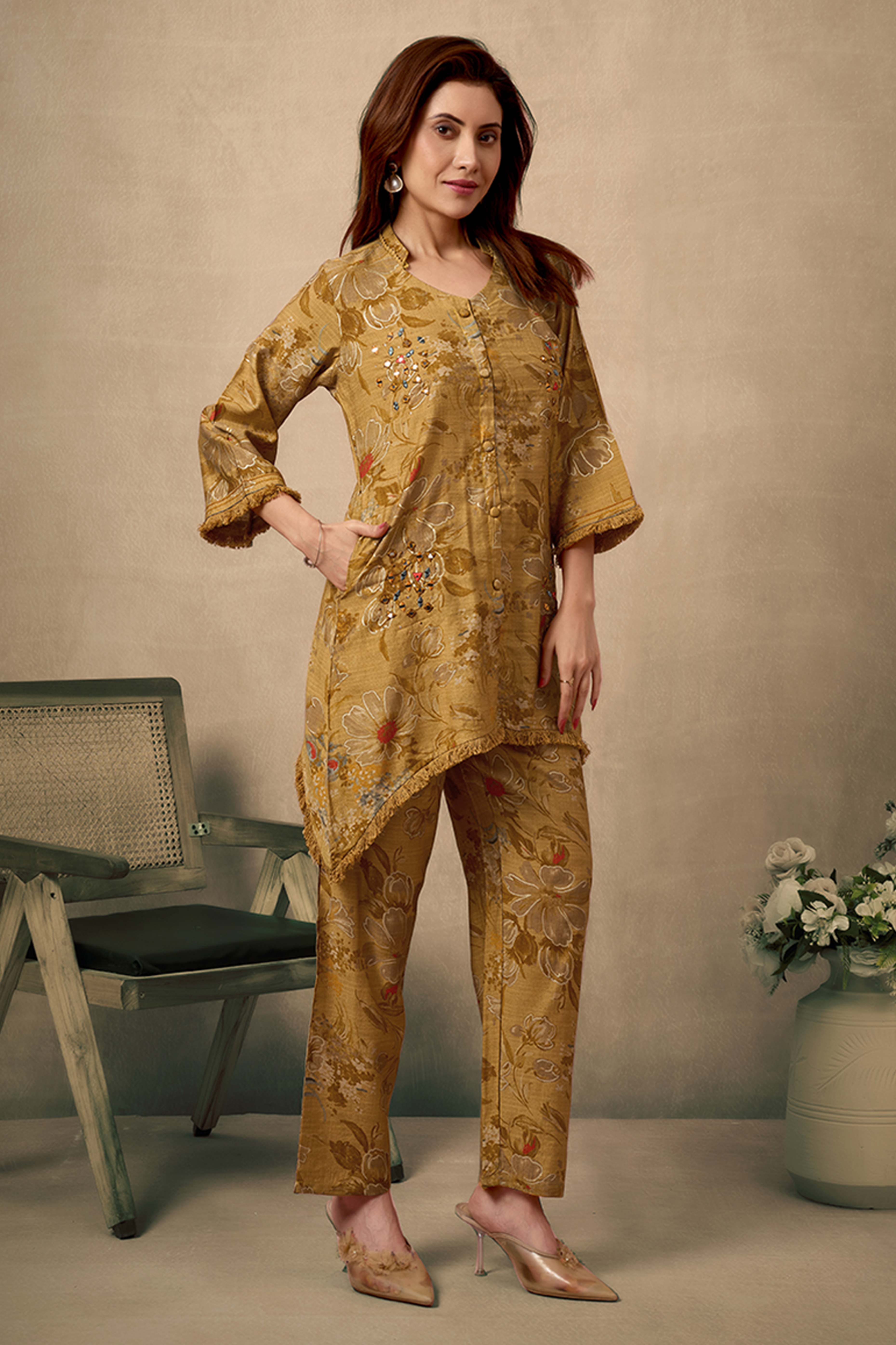 Mustard Pure Cotton Floral Co-Ord Set with Handcrafted Mirror Work