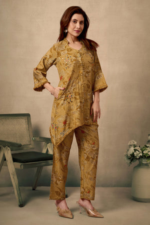 Mustard Pure Cotton Floral Co-Ord Set with Handcrafted Mirror Work